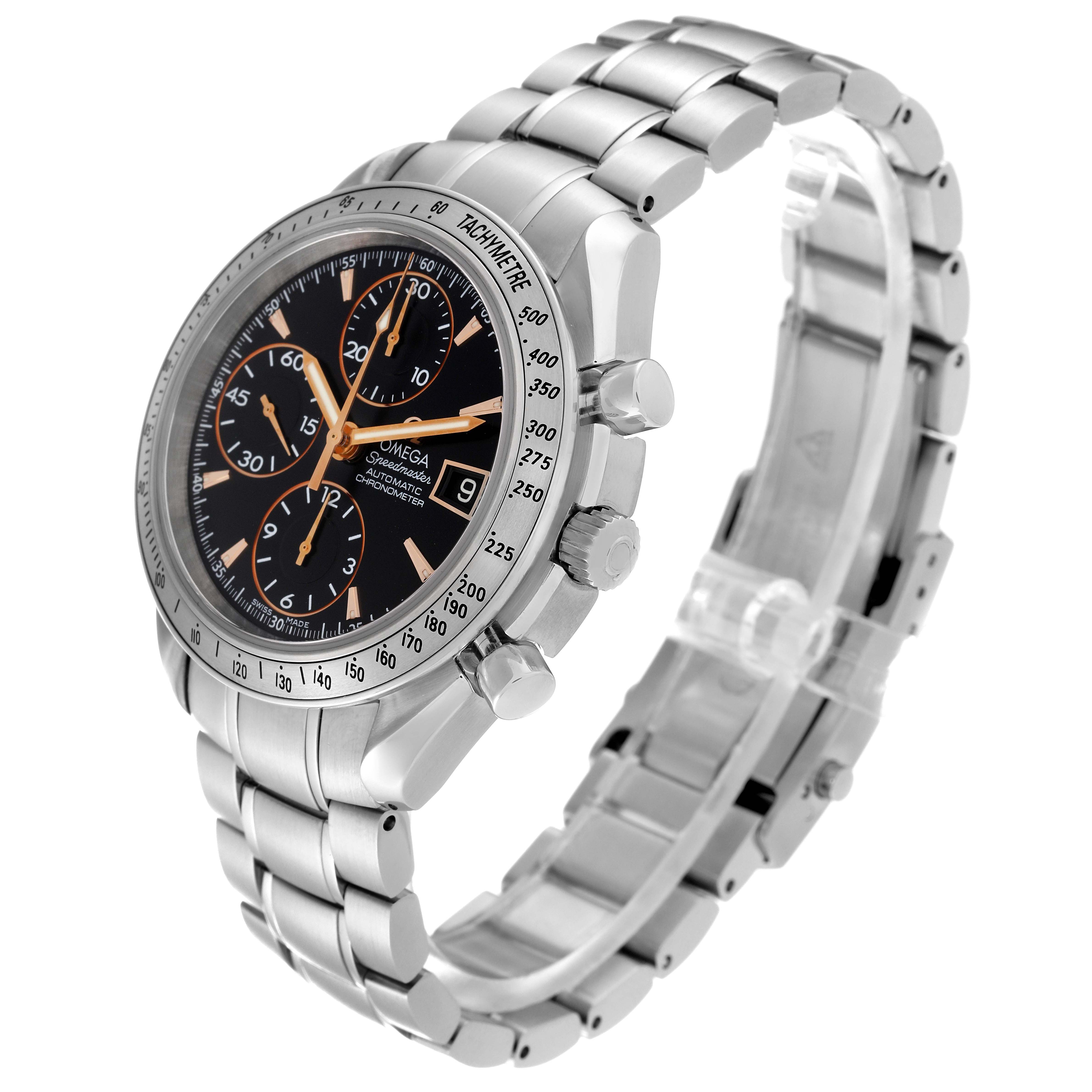 The Omega Speedmaster 3511.50.00 Men
s Stainless Steel Black Dial 3511.50.00 Men
s Stainless Steel Black Dial watch is shown at a three-quarter angle, displaying its face, side buttons, and bracelet.