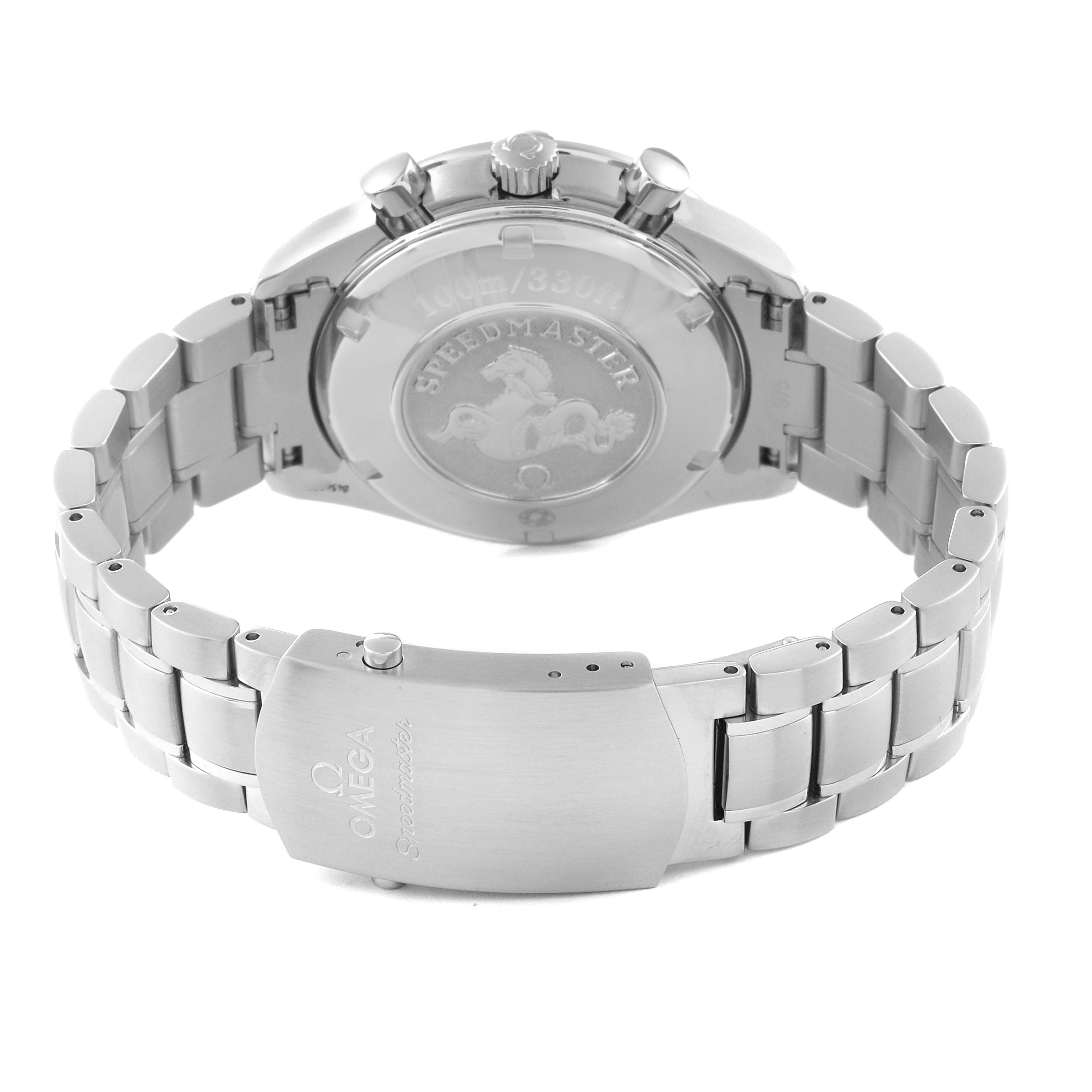 The image shows the backside and band of the Omega Speedmaster 3511.50.00 Men
s Stainless Steel Black Dial 3511.50.00 Men
s Stainless Steel Black Dial watch, highlighting the clasp and engraved case back.