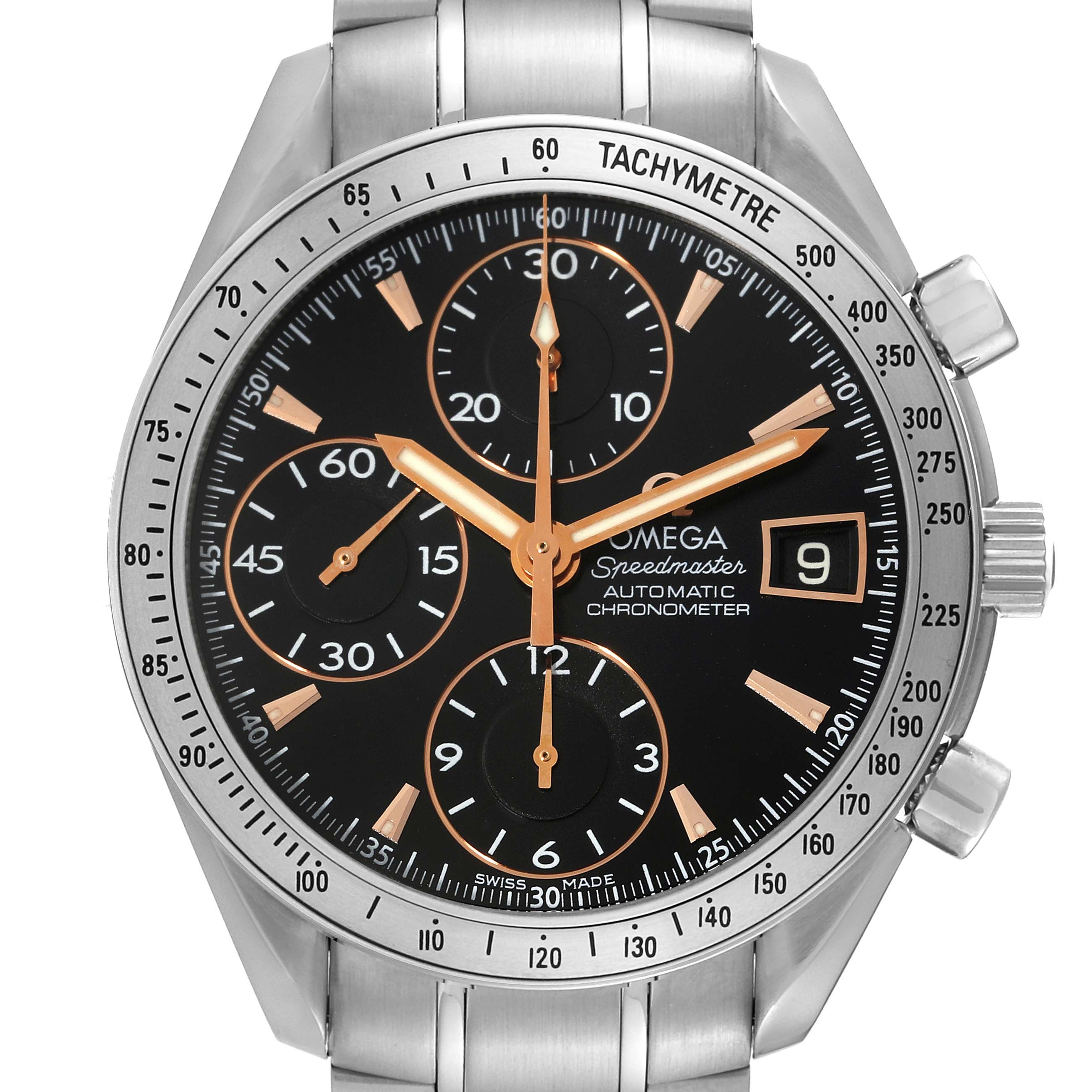 The image shows a front view of the Omega Speedmaster 3511.50.00 Men
s Stainless Steel Black Dial 3511.50.00 Men
s Stainless Steel Black Dial watch, displaying its dial, subdials, tachymeter, and bracelet.