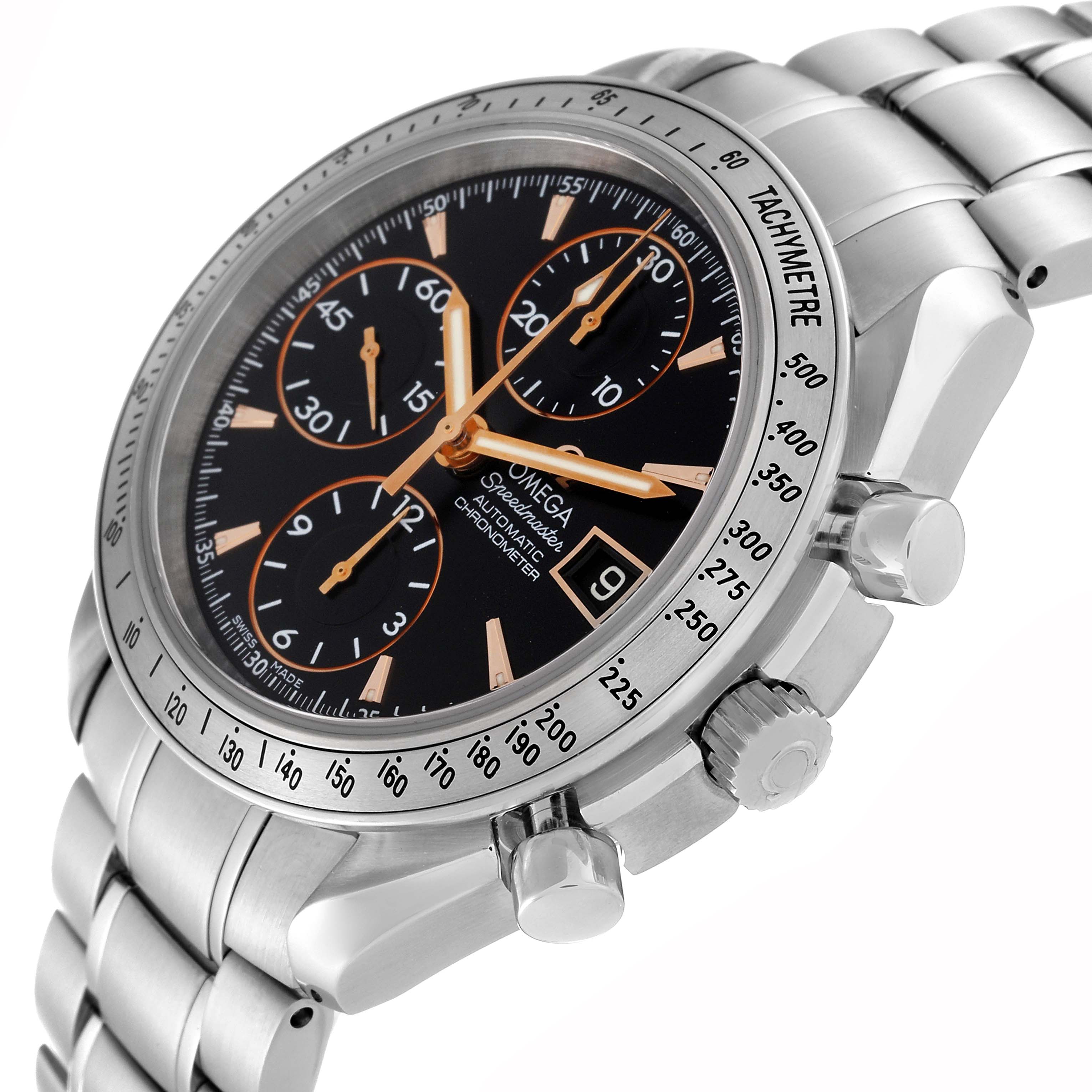 The Omega Speedmaster 3511.50.00 Men
s Stainless Steel Black Dial 3511.50.00 Men
s Stainless Steel Black Dial watch is shown at an angled side view featuring the face, bezel, and bracelet.