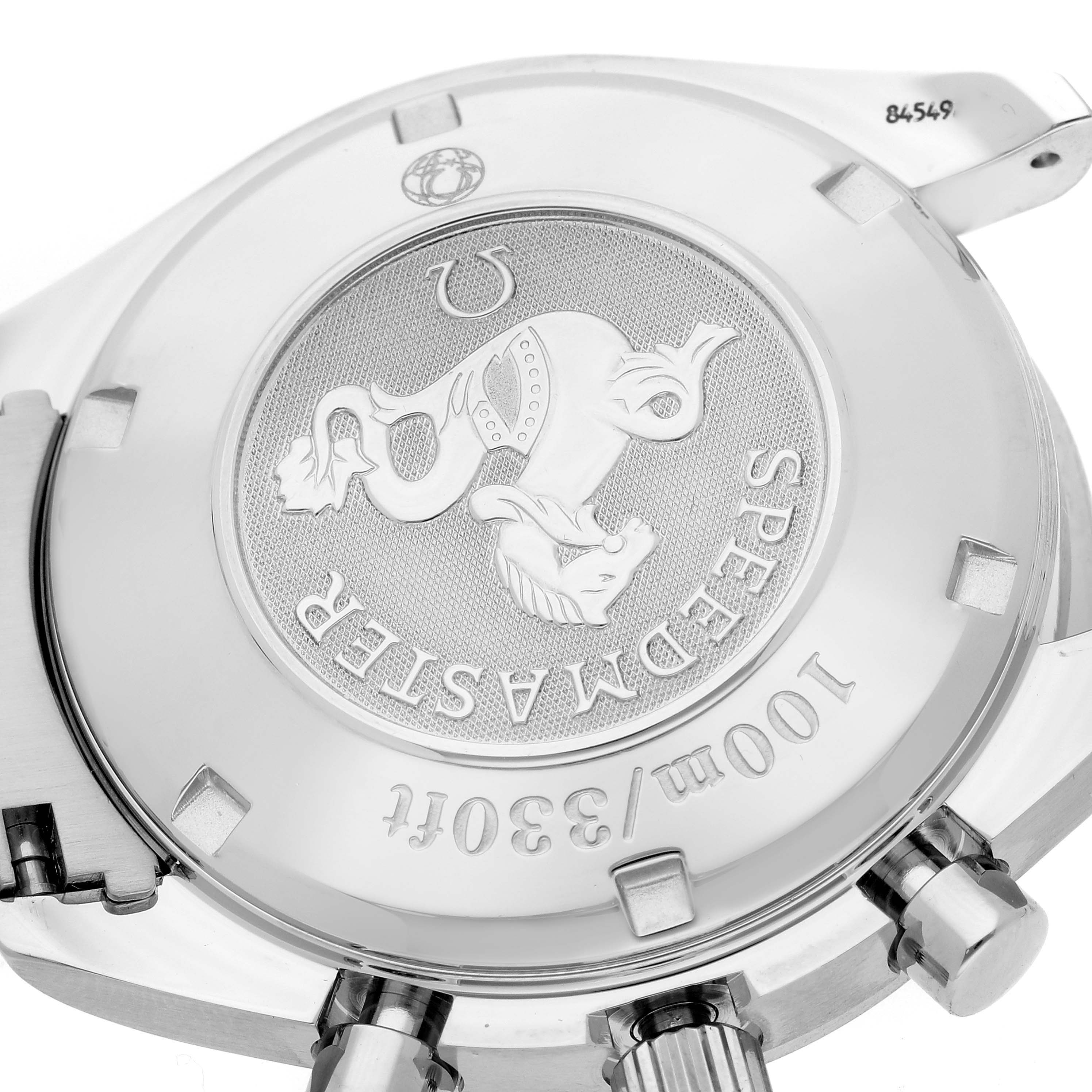 The image shows the case back of an Omega Speedmaster 3511.50.00 Men
s Stainless Steel Black Dial 3511.50.00 Men
s Stainless Steel Black Dial watch, highlighting its engraving and pushers.