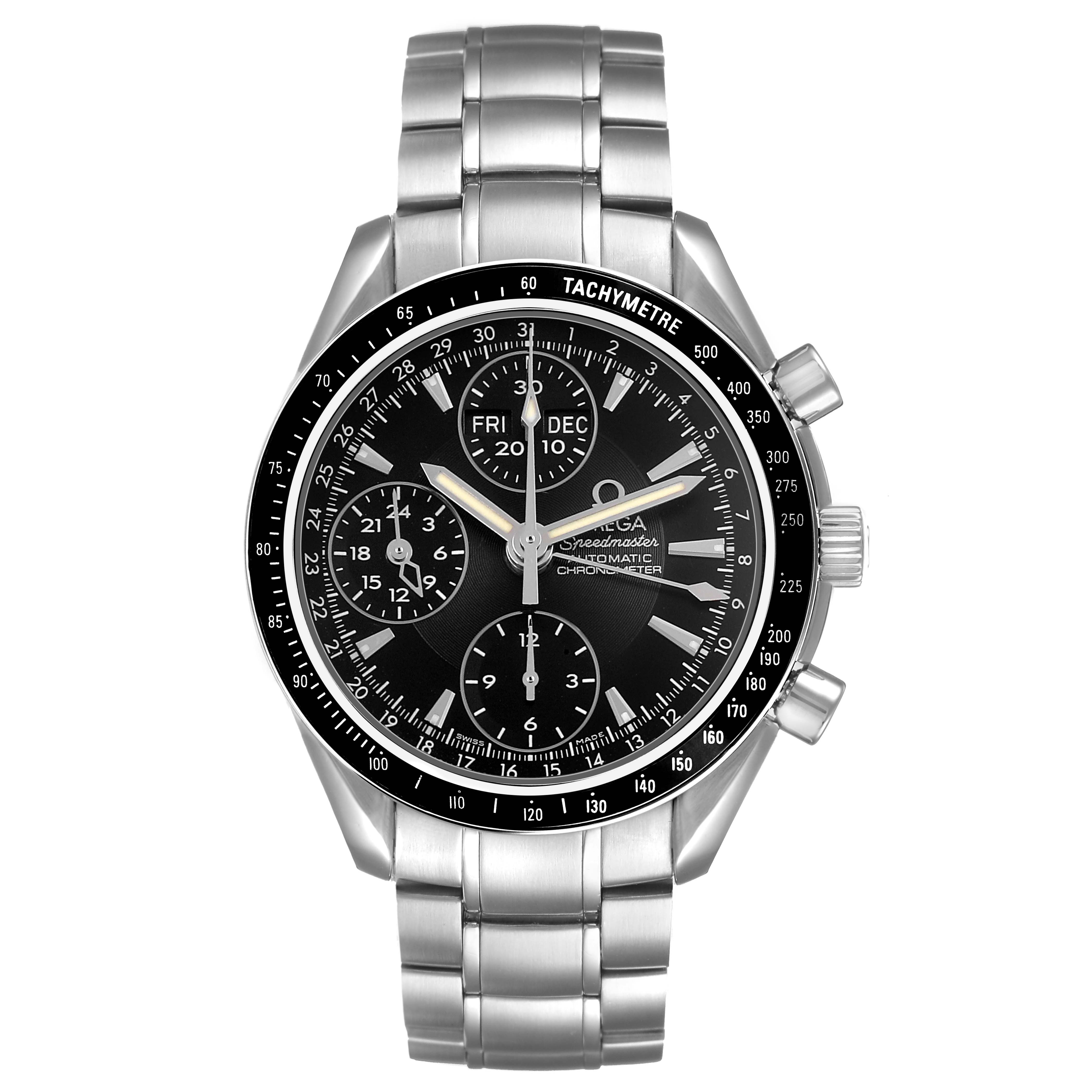 The Omega Speedmaster 3220.50.00 Men's Stainless Steel Black Dial watch is shown from a top-down view, displaying the face, tachymetre bezel, case, and metal bracelet.
