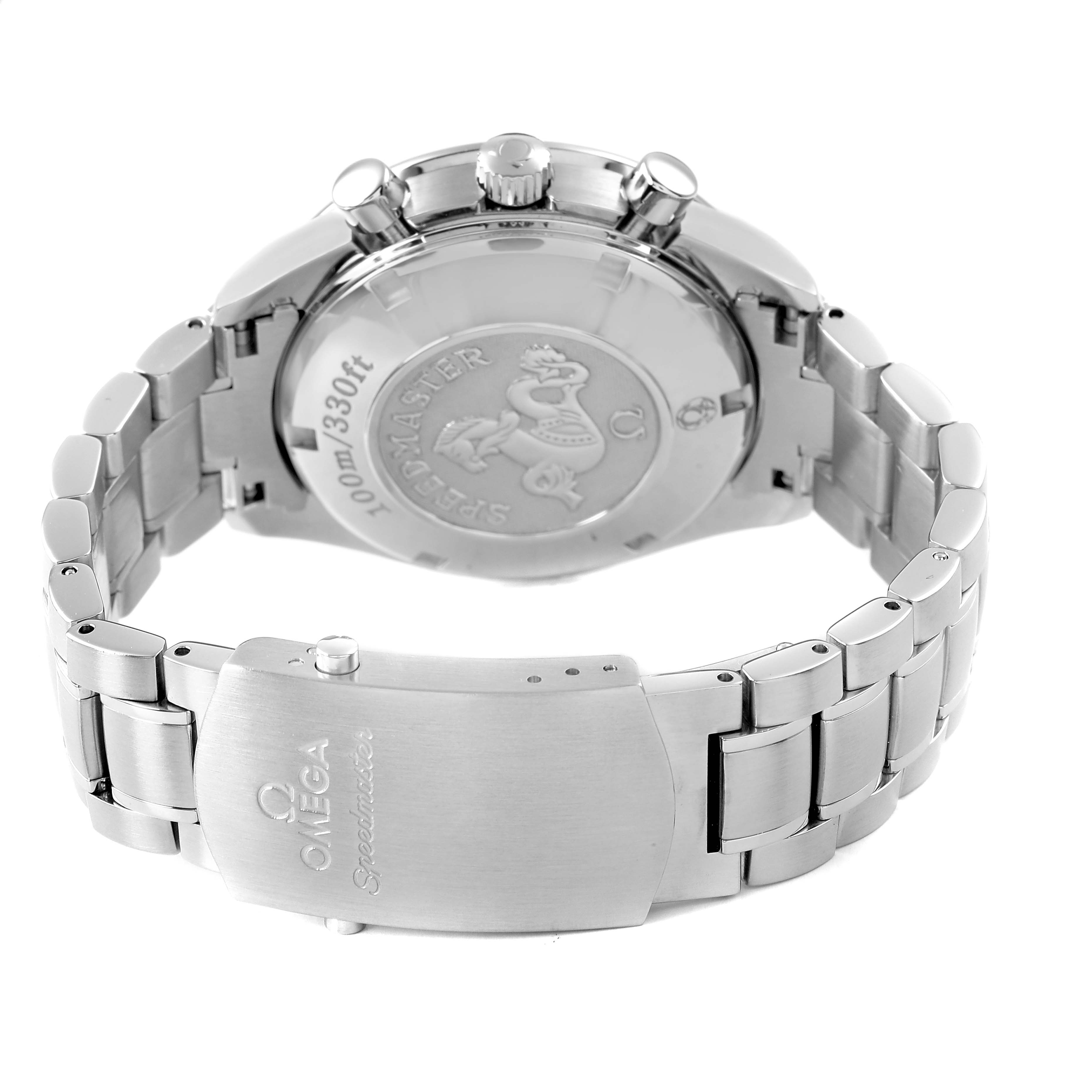 The Omega Speedmaster 3220.50.00 Men's Stainless Steel Black Dial watch is shown from the back, highlighting the case back, bracelet, and clasp with engraved branding.