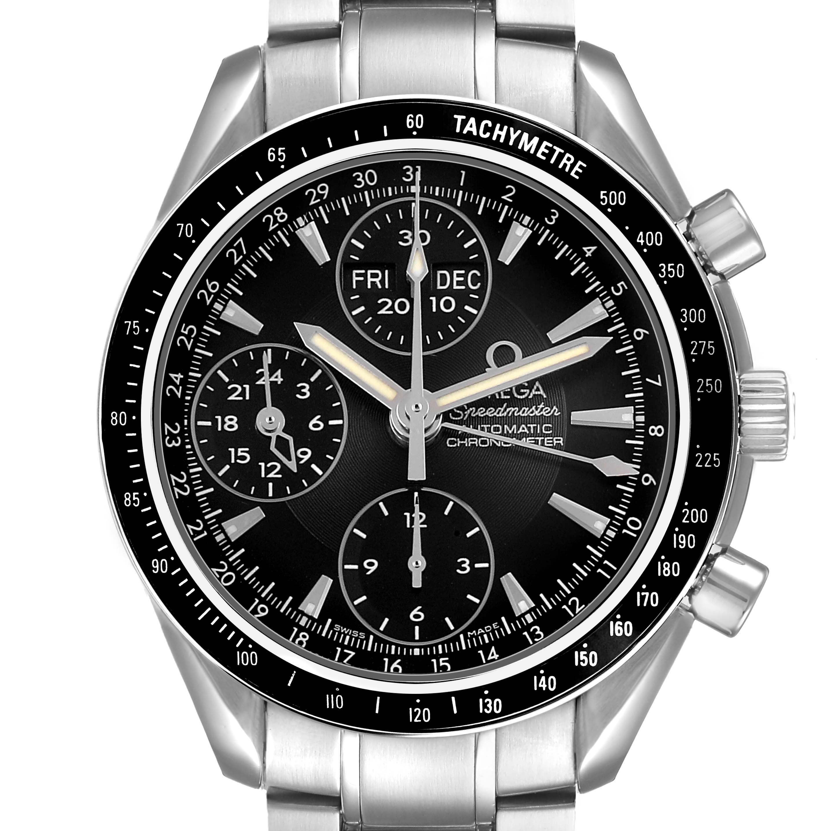 The image shows a frontal view of the Omega Speedmaster 3220.50.00 Men's Stainless Steel Black Dial, displaying its dial, sub-dials, tachymeter, and stainless steel bracelet.