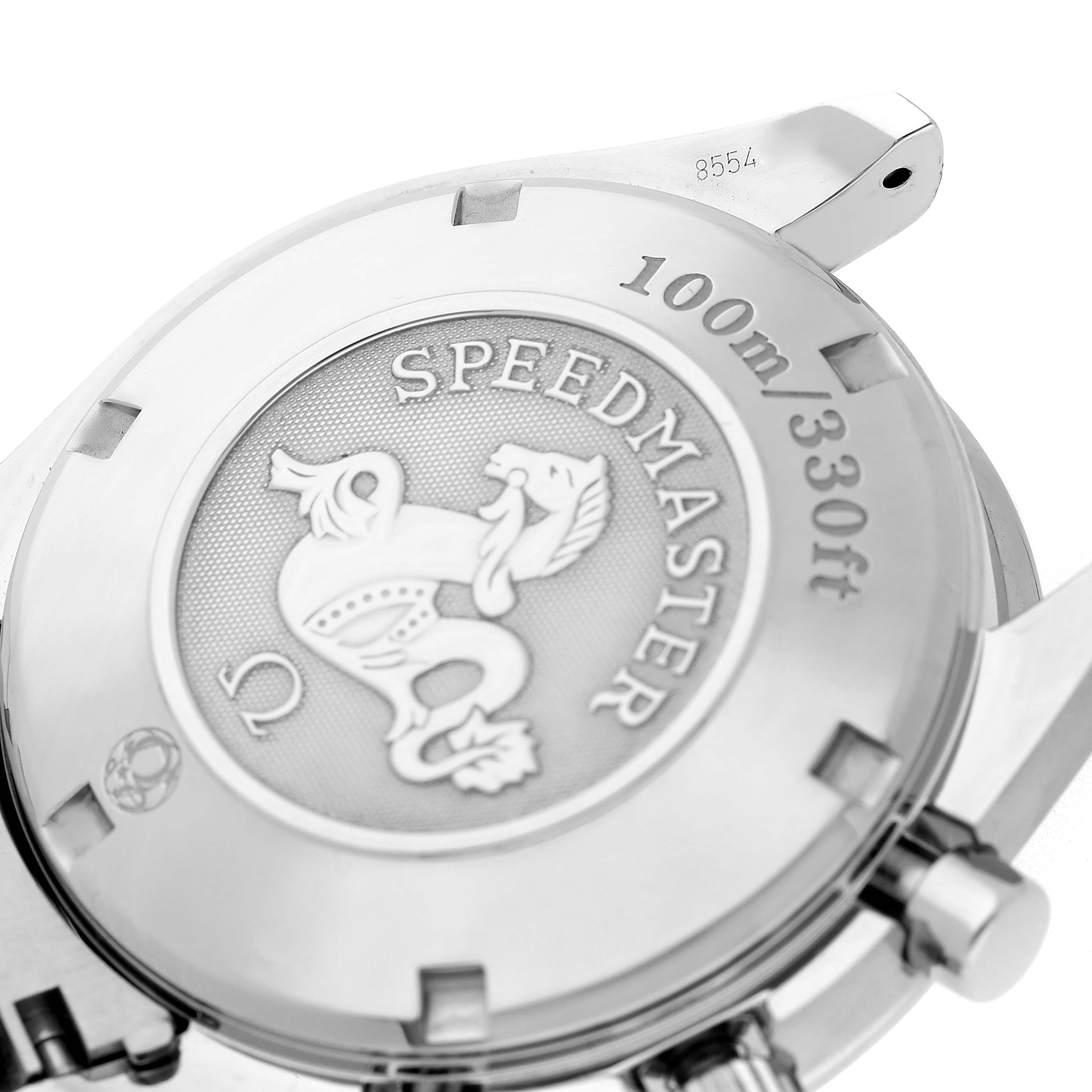 The image shows the case back of the Omega Speedmaster 3220.50.00 Men's Stainless Steel Black Dial, featuring the logo, water resistance, and serial number.