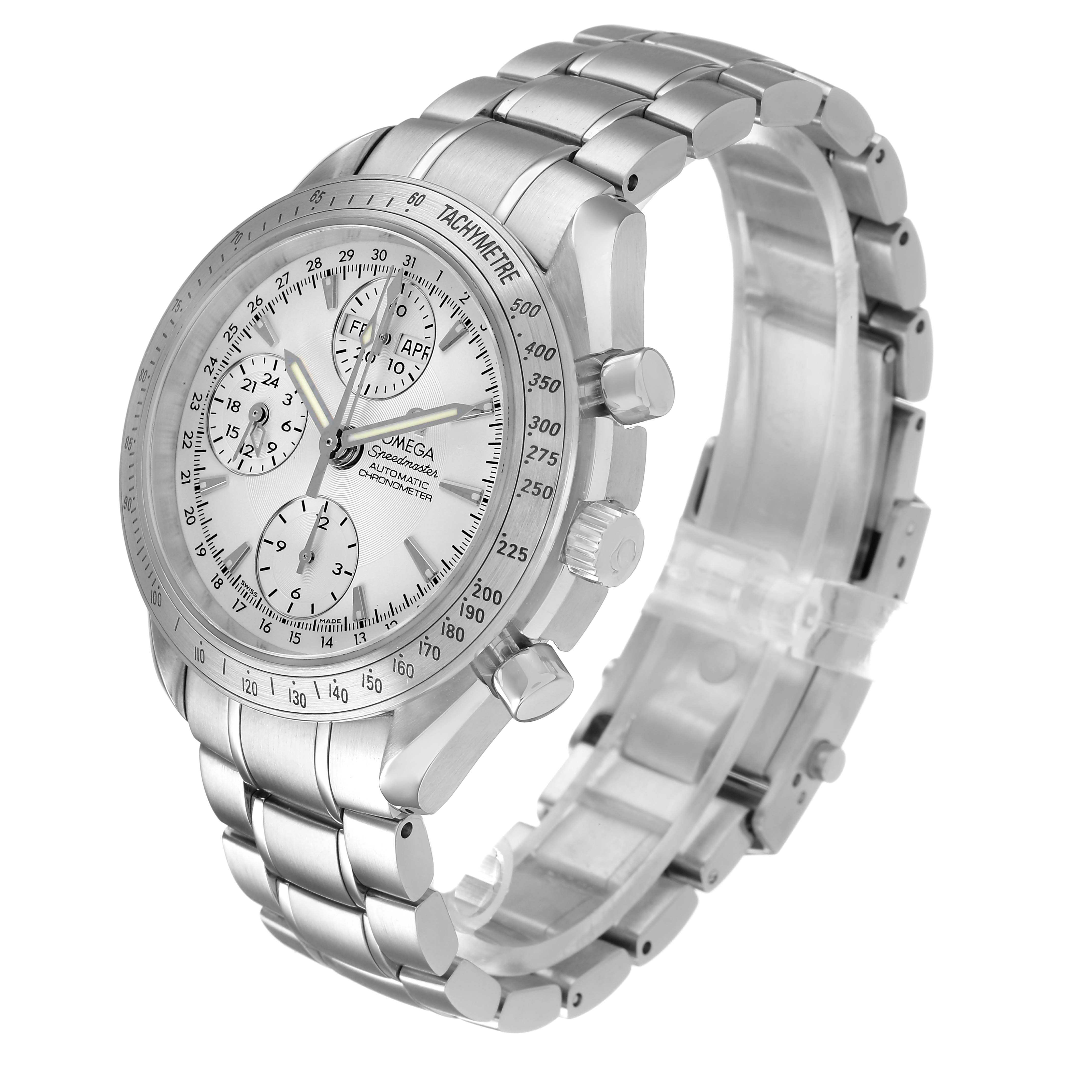 The Omega Speedmaster 3221.30.00 Men's Stainless Steel Silver Dial watch is shown at a three-quarter angle, displaying the dial, bezel, bracelet, and pushers.