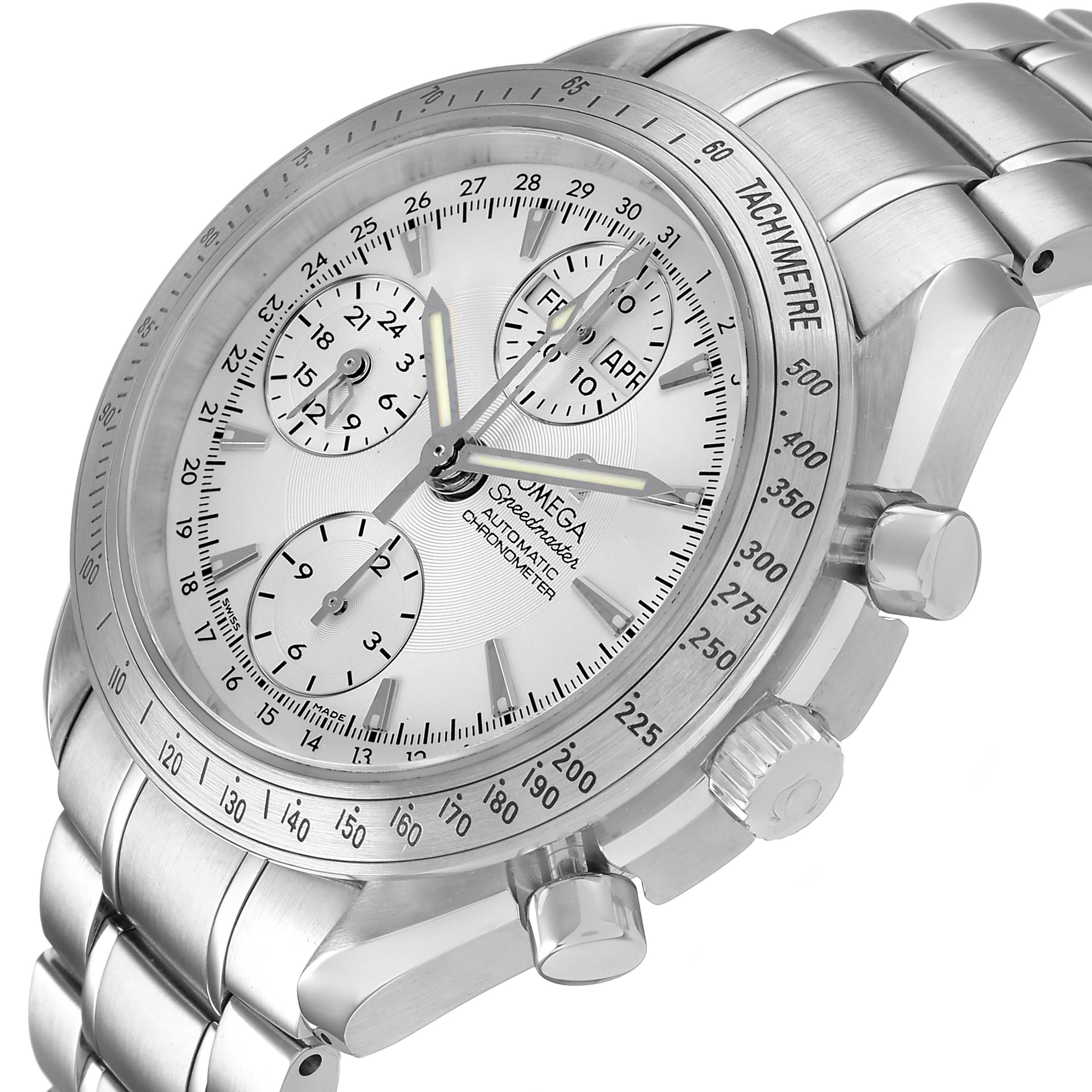 The Omega Speedmaster 3221.30.00 Men's Stainless Steel Silver Dial watch is shown at an angled close-up, displaying the face, tachymeter bezel, pushers, and part of the bracelet.