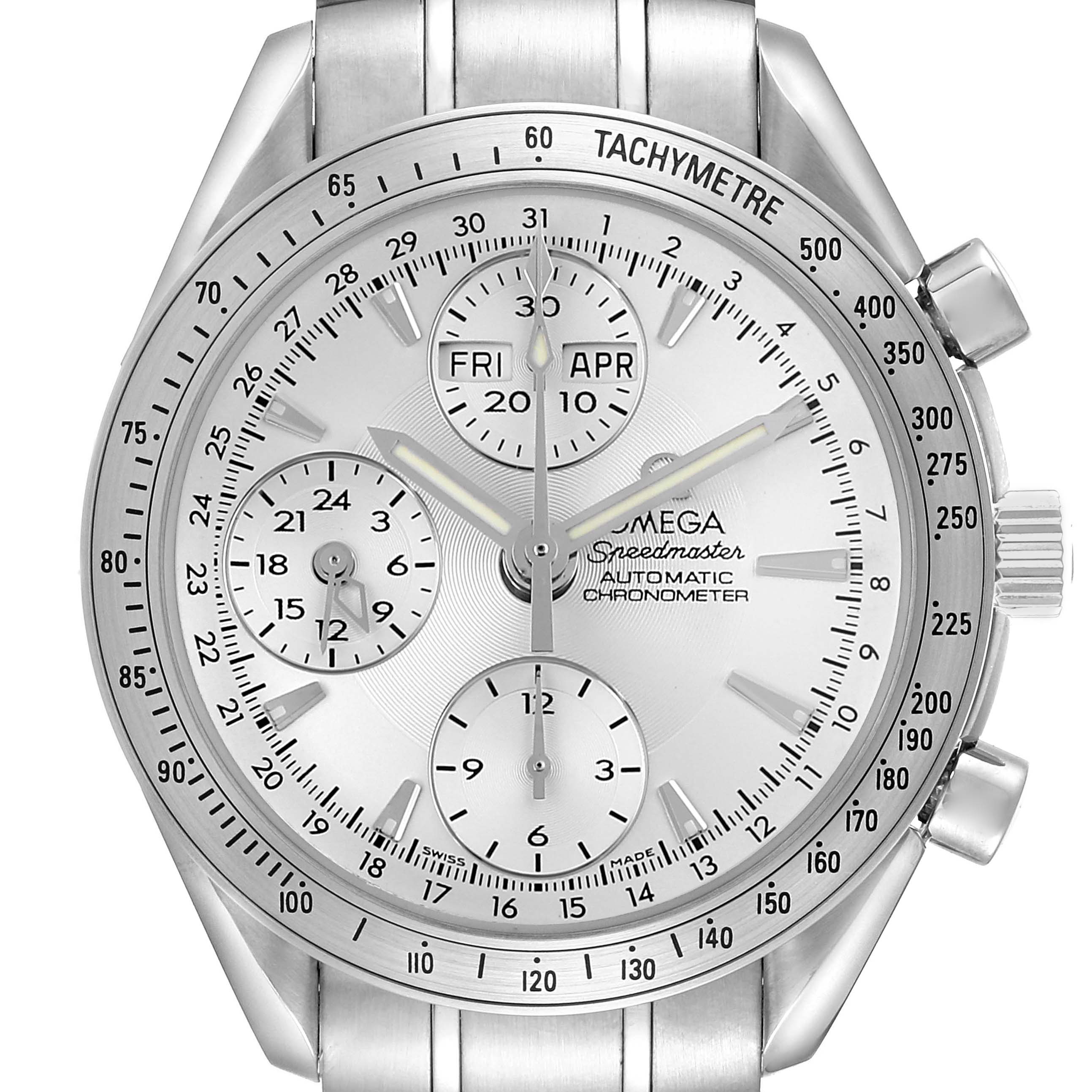 The Omega Speedmaster 3221.30.00 Men's Stainless Steel Silver Dial watch is shown from a front angle, highlighting its dial, subdials, tachymeter bezel, and crown.