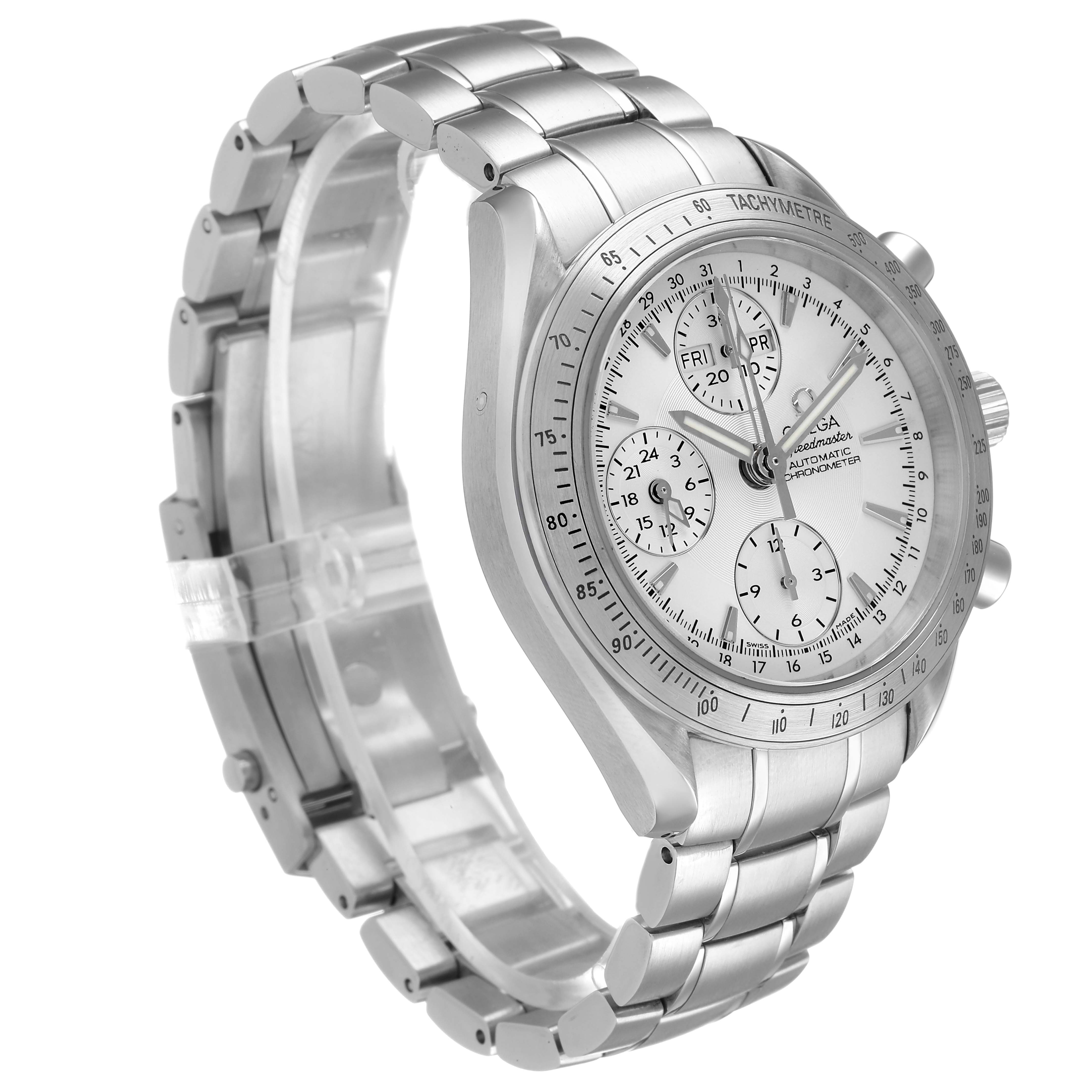 The Omega Speedmaster 3221.30.00 Men's Stainless Steel Silver Dial watch is shown at a side angle, highlighting the face, bezel, and stainless steel bracelet.