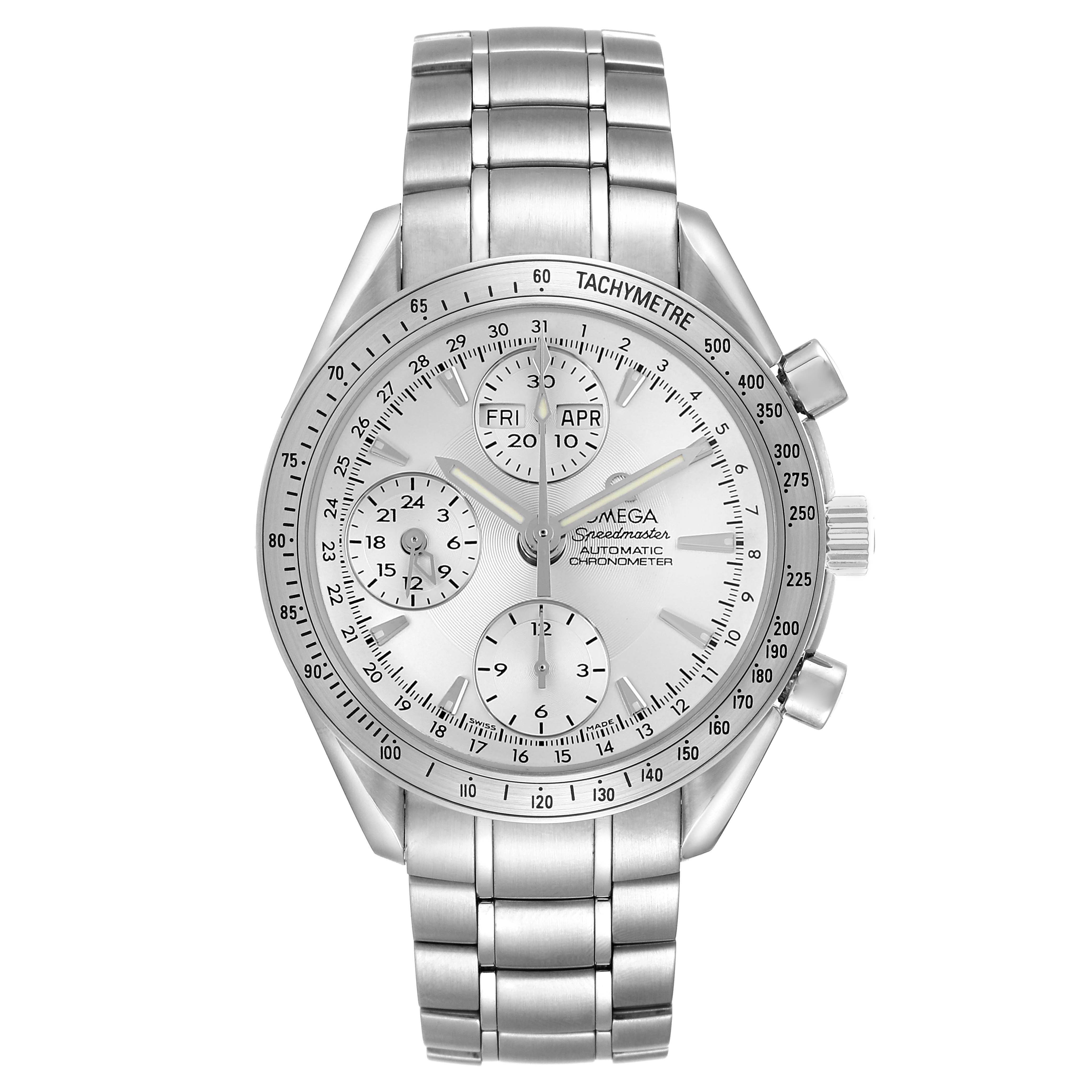 The Omega Speedmaster 3221.30.00 Men's Stainless Steel Silver Dial watch is shown from a front angle, displaying its dial, tachymeter scale, and stainless steel bracelet.