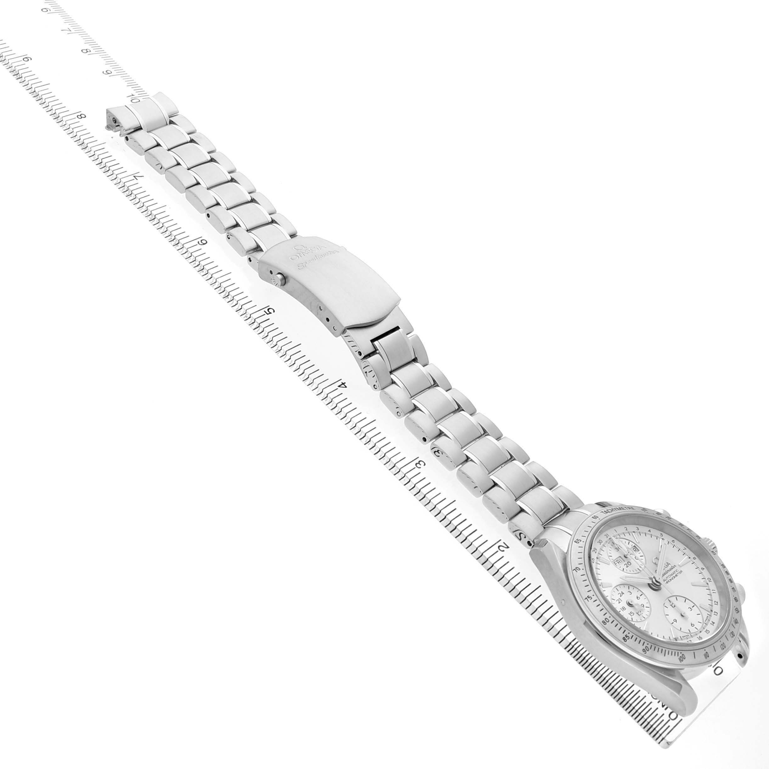 The Omega Speedmaster 3221.30.00 Men's Stainless Steel Silver Dial watch is shown in a diagonal angle, featuring the full bracelet and clasp, alongside the face and bezel.