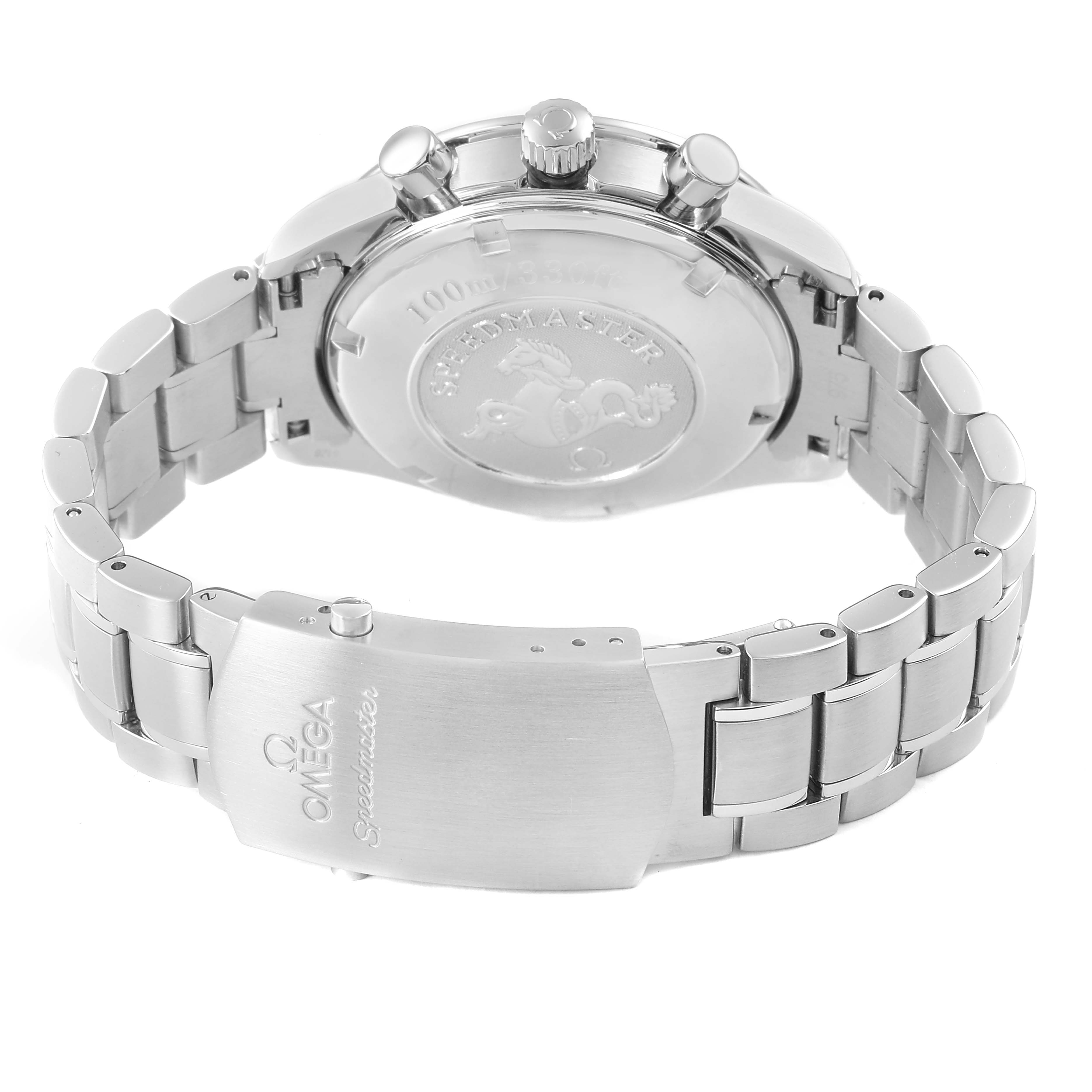 The Omega Speedmaster 3221.30.00 Men's Stainless Steel Silver Dial watch is shown from the back, highlighting the clasp, case back, and bracelet links.