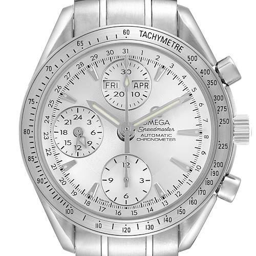 The Omega Speedmaster 3221.30.00 Men's Stainless Steel Silver Dial watch is shown from the front, highlighting the dial, subdials, tachymeter, and crown.