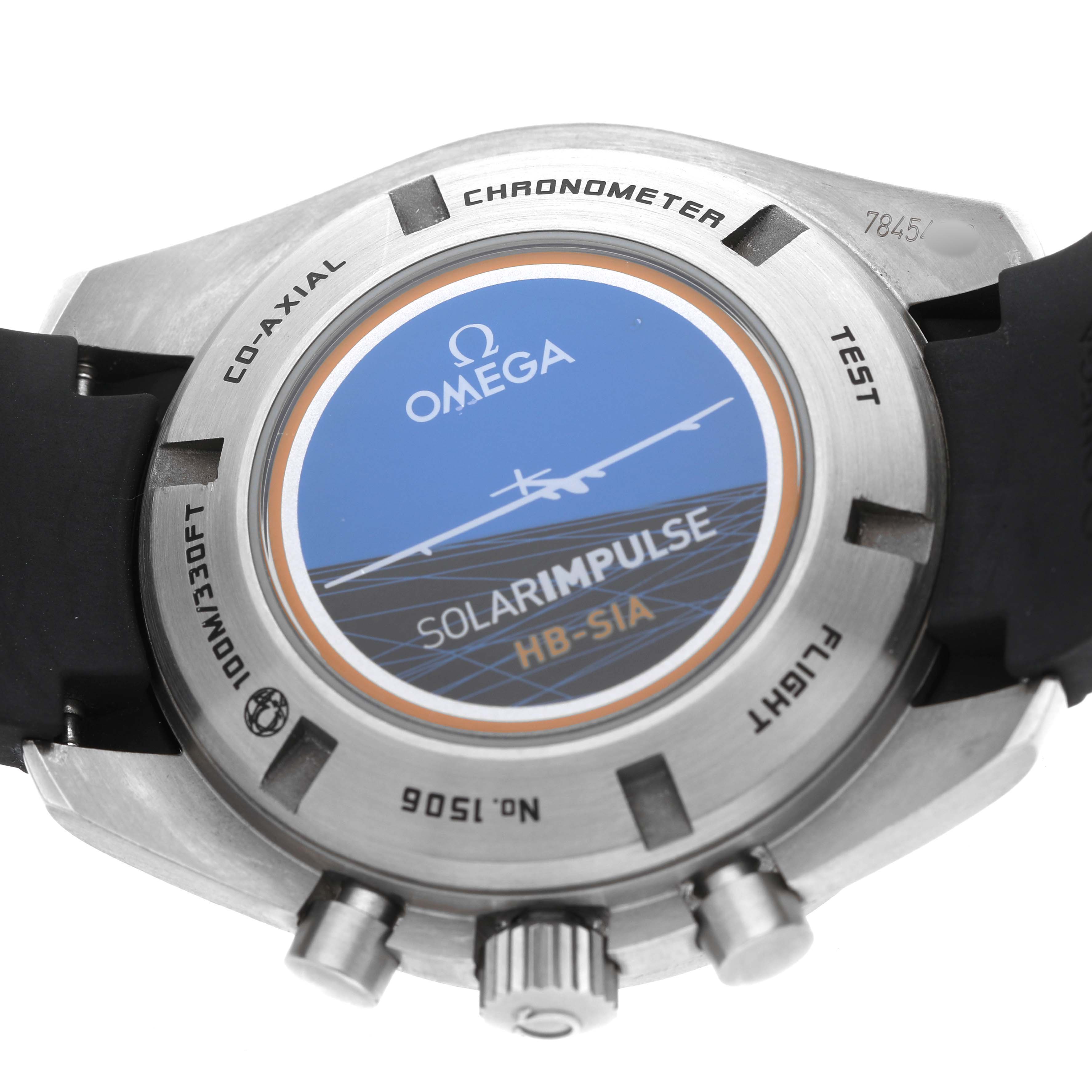 The image shows the case back of the Omega Speedmaster 321.92.44.52.01.001 Men's Titanium Black Dial, featuring the Solar Impulse HB-SIA design.