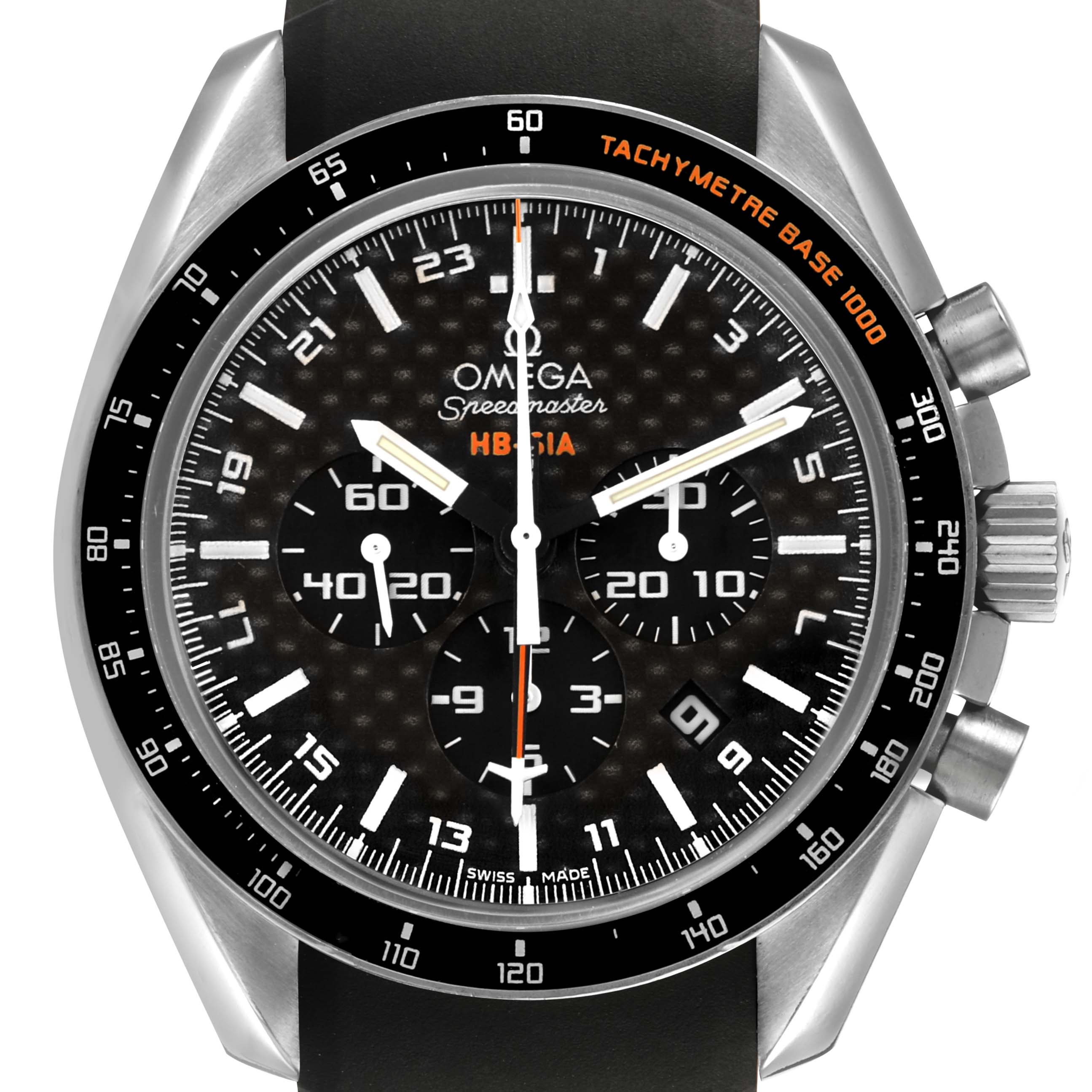 The Omega Speedmaster 321.92.44.52.01.001 Men's Titanium Black Dial is shown from a front angle, highlighting the dial, sub-dials, bezel, and pushers.