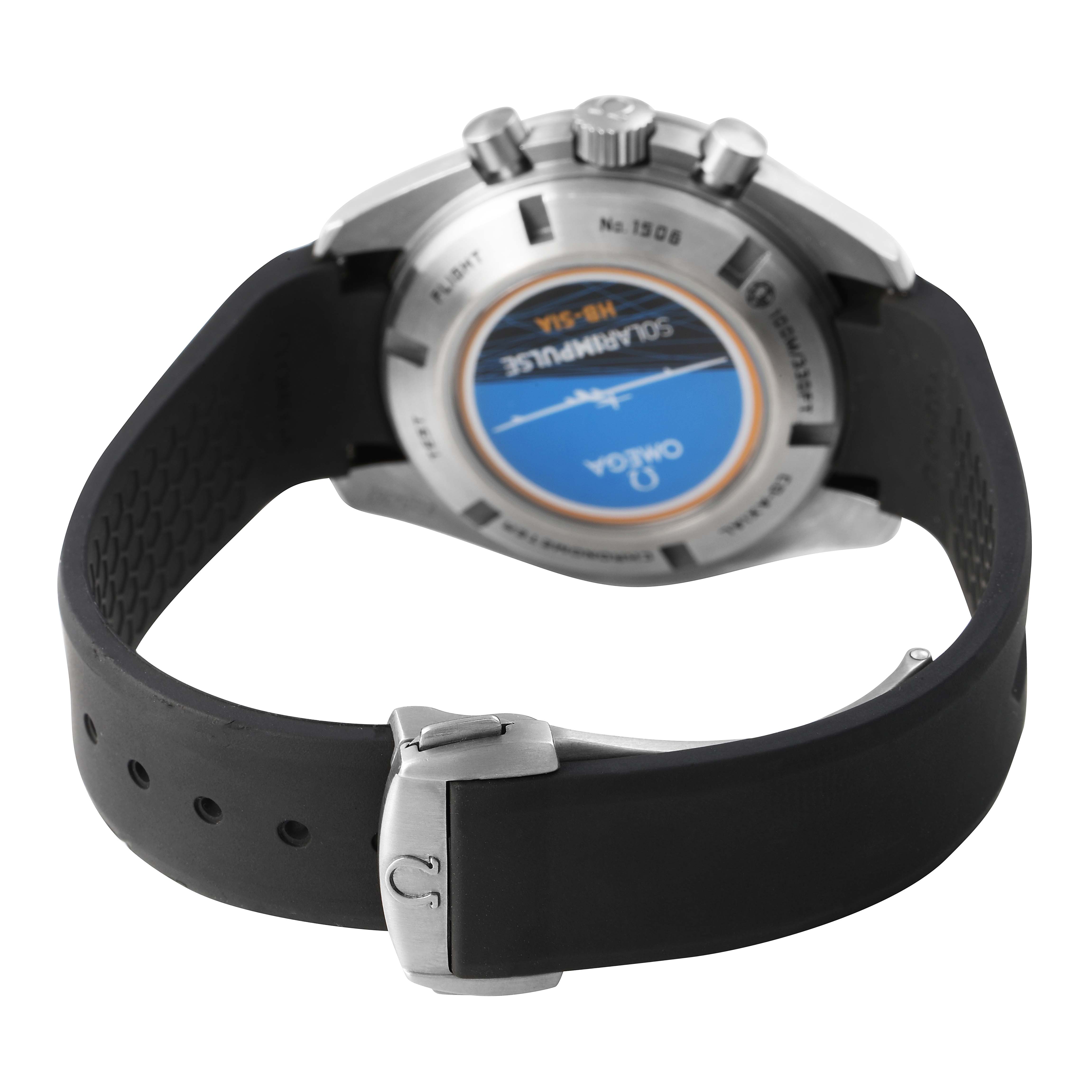 The image shows the back view of an Omega Speedmaster 321.92.44.52.01.001 Men's Titanium Black Dial, highlighting the case back, pushers, crown, and rubber strap with a clasp.