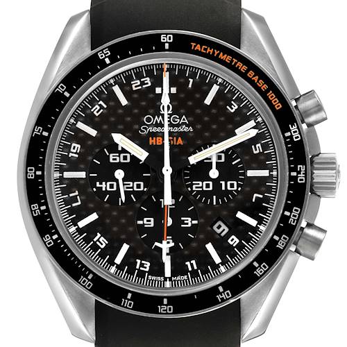 The Omega Speedmaster 321.92.44.52.01.001 Men's Titanium Black Dial watch is shown from a front angle, displaying its tachymetric bezel, sub-dials, and pushers.