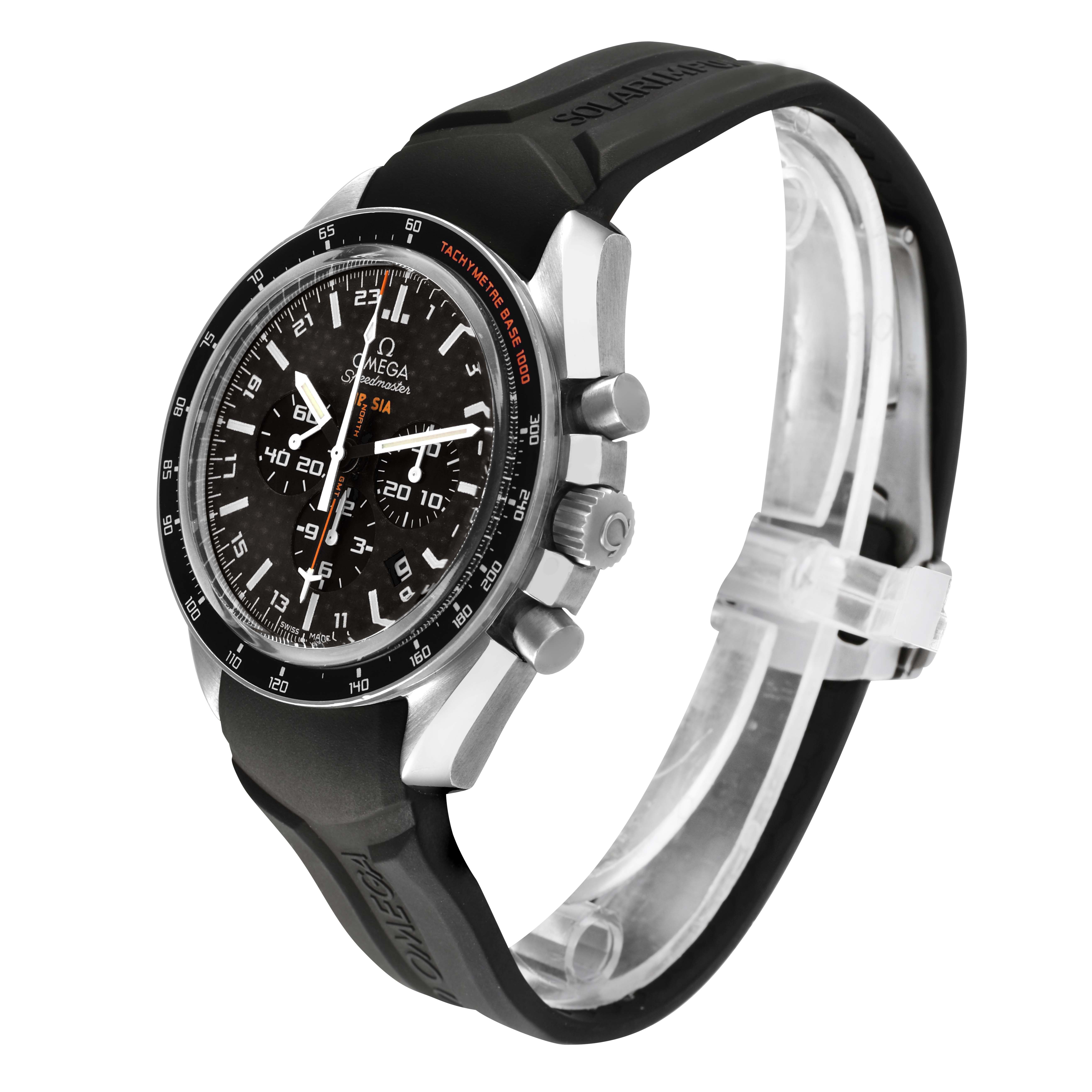 The Omega Speedmaster 321.92.44.52.01.001 Men's Titanium Black Dial watch is shown at a side angle displaying the face, bezel, pushers, crown, and rubber strap.