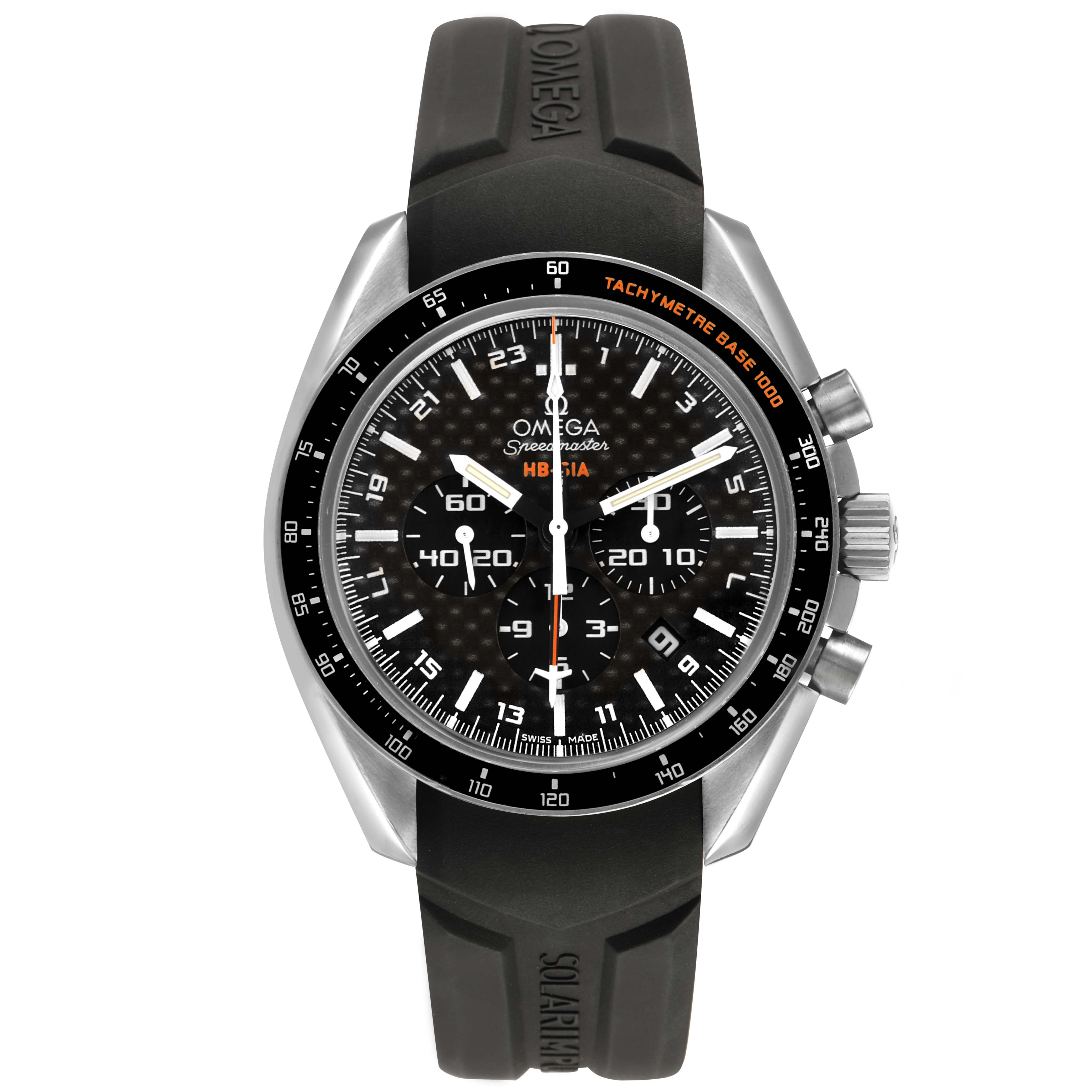 The Omega Speedmaster 321.92.44.52.01.001 Men's Titanium Black Dial watch is shown from the front, highlighting its dial, bezel, pushers, and rubber strap.