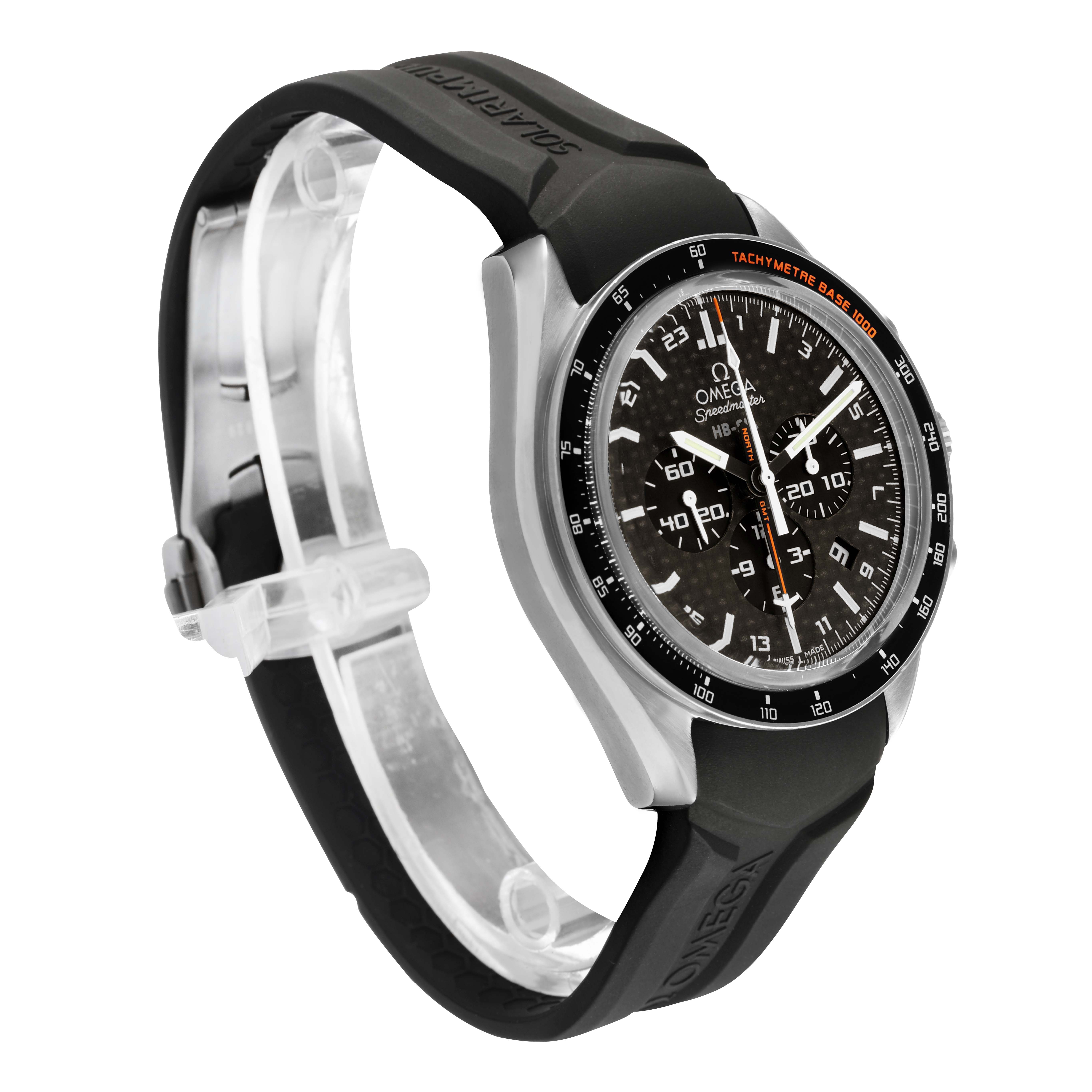 The Omega Speedmaster 321.92.44.52.01.001 Men's Titanium Black Dial watch is shown at a three-quarter angle, displaying the face, bezel, and rubber strap.