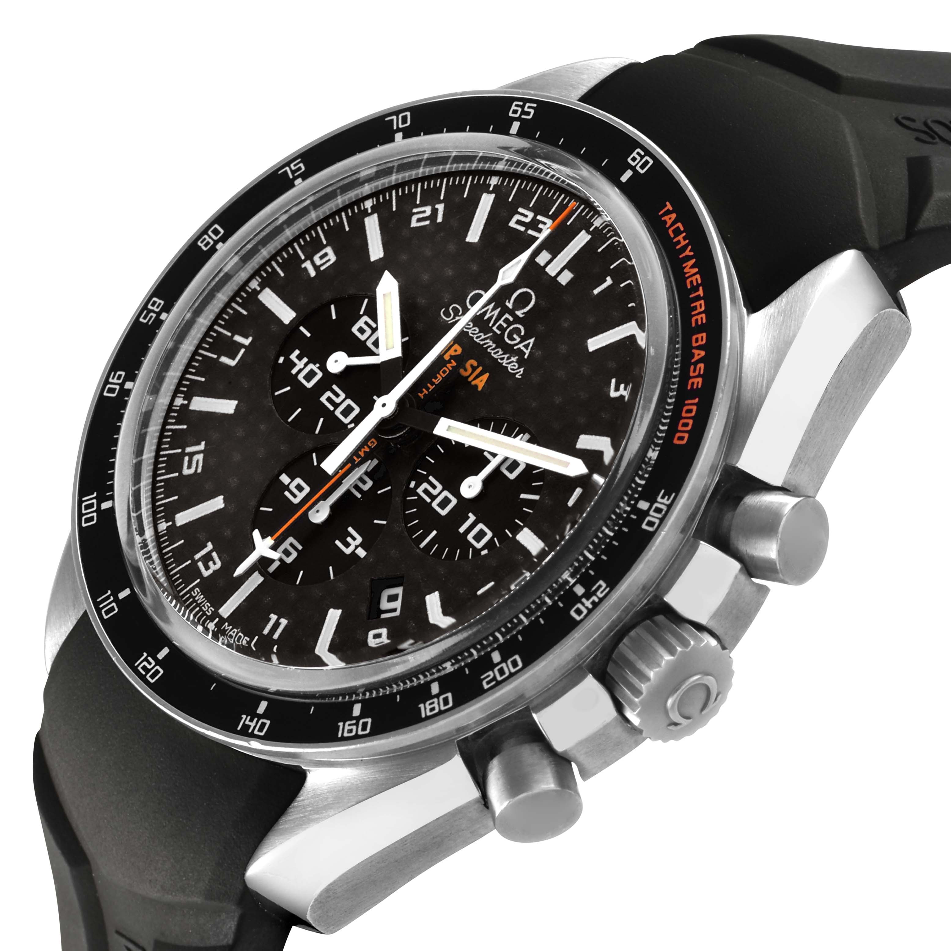 The Omega Speedmaster 321.92.44.52.01.001 Men's Titanium Black Dial watch is shown at an angle highlighting its dial, bezel, pushers, and crown.