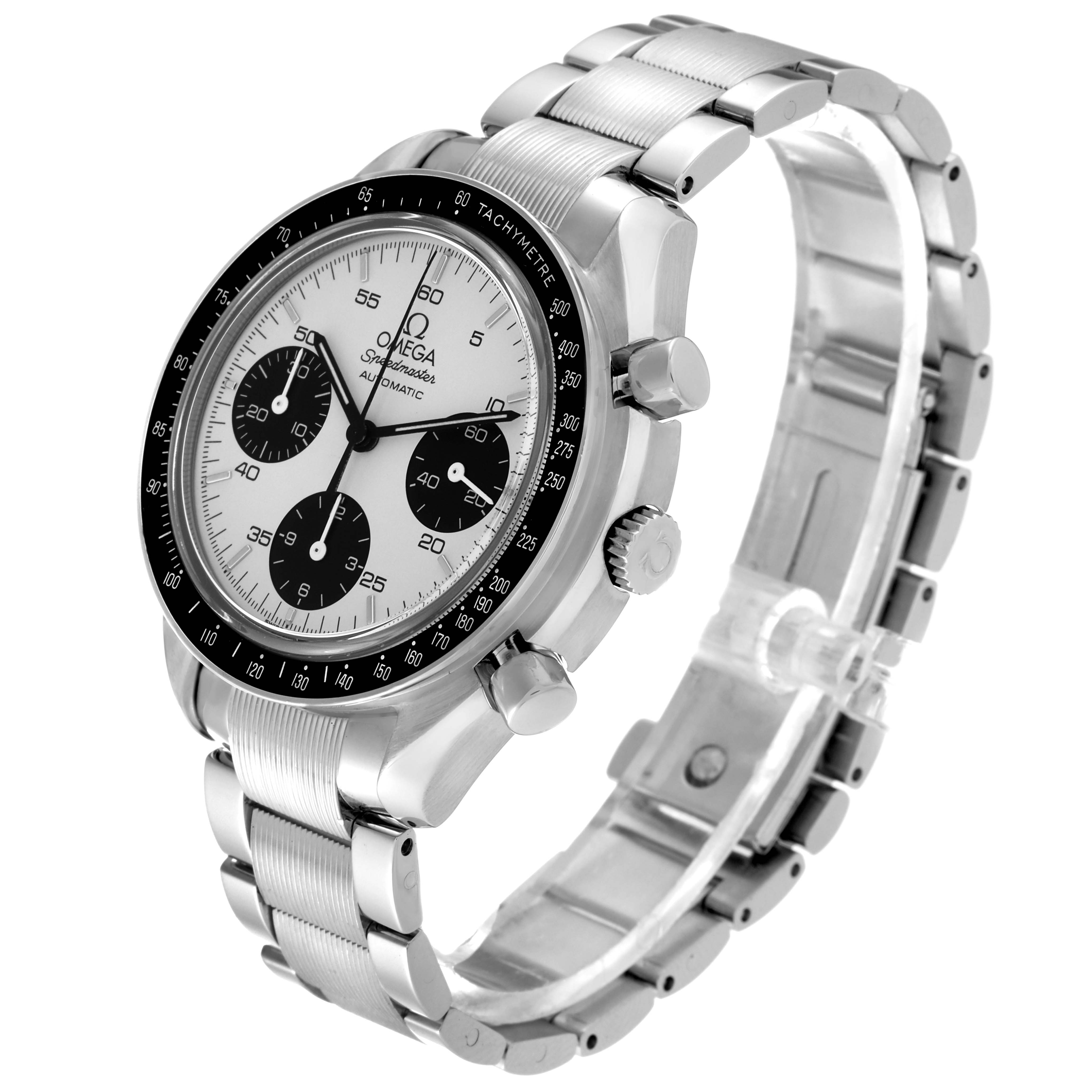 The Omega Speedmaster 3539.31.00 Men
s Stainless Steel Silver Dial 3539.31.00 Men
s Stainless Steel Silver Dial is shown at a slight angle, highlighting its stainless steel strap, dial, bezel, and side buttons.