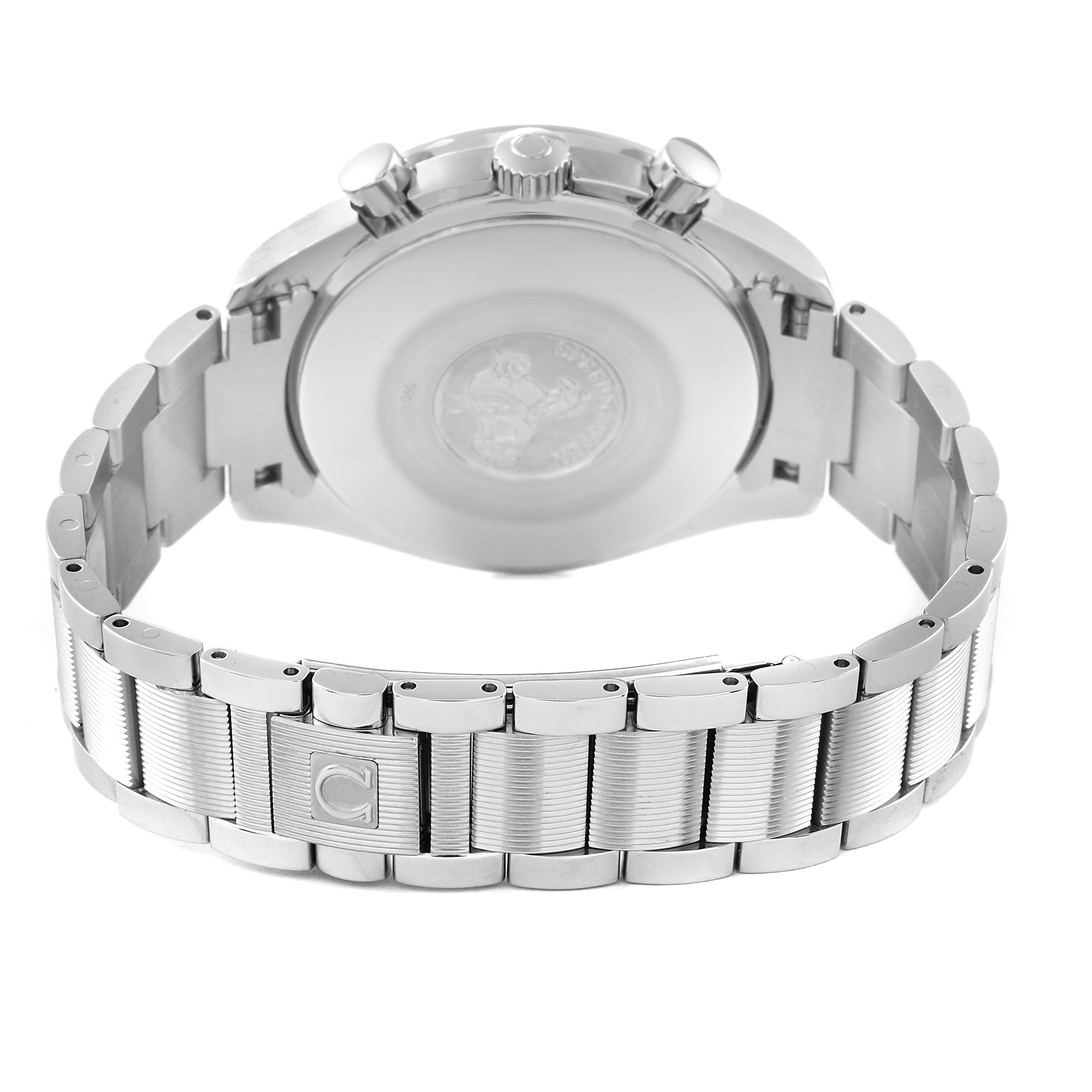 The image shows the back view of an Omega Speedmaster 3539.31.00 Men
s Stainless Steel Silver Dial 3539.31.00 Men
s Stainless Steel Silver Dial watch, focusing on the case back, crown, pushers, and metal bracelet.