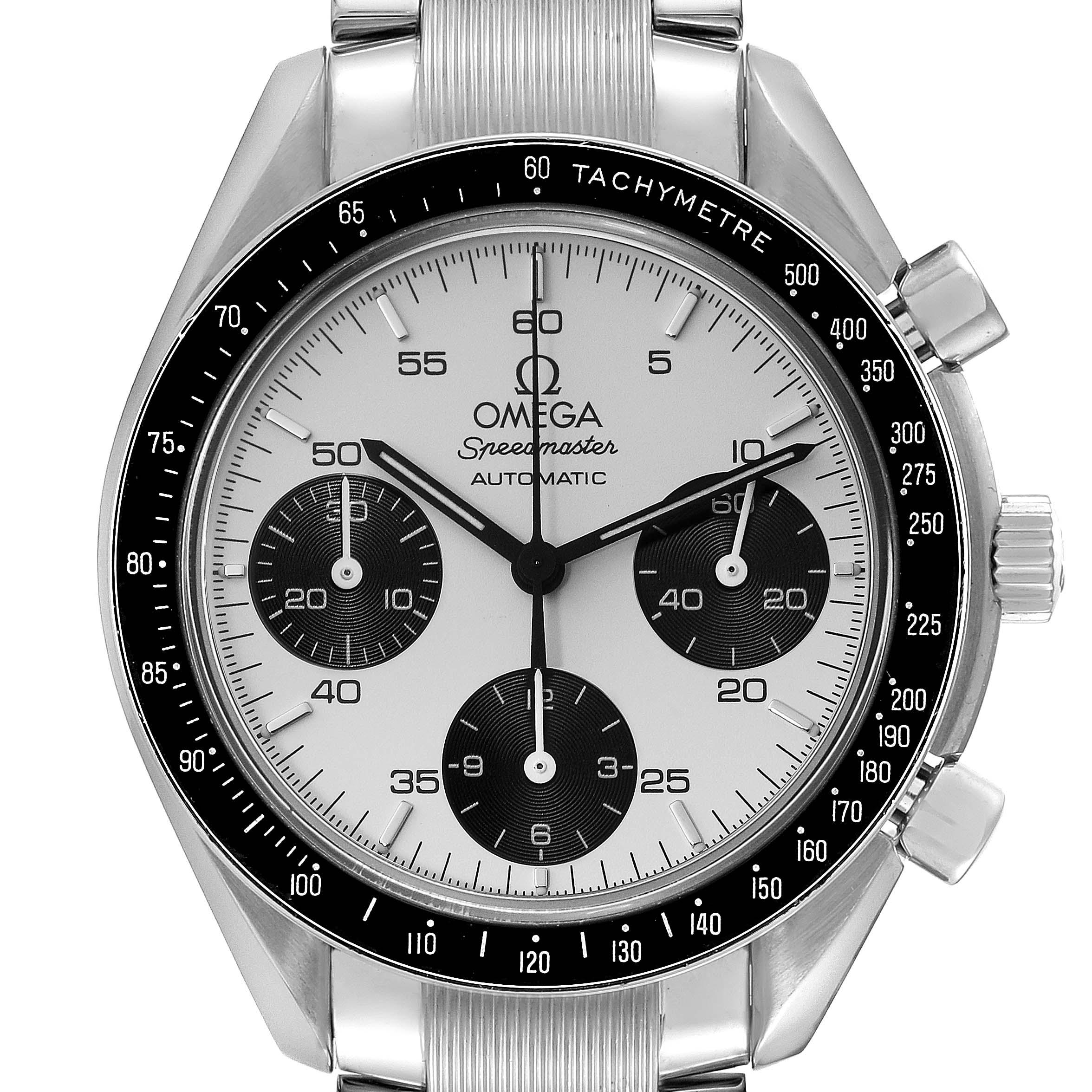 The image shows a front angle of the Omega Speedmaster 3539.31.00 Men
s Stainless Steel Silver Dial 3539.31.00 Men
s Stainless Steel Silver Dial watch, highlighting its dial, tachymeter bezel, crown, and sub-dials.
