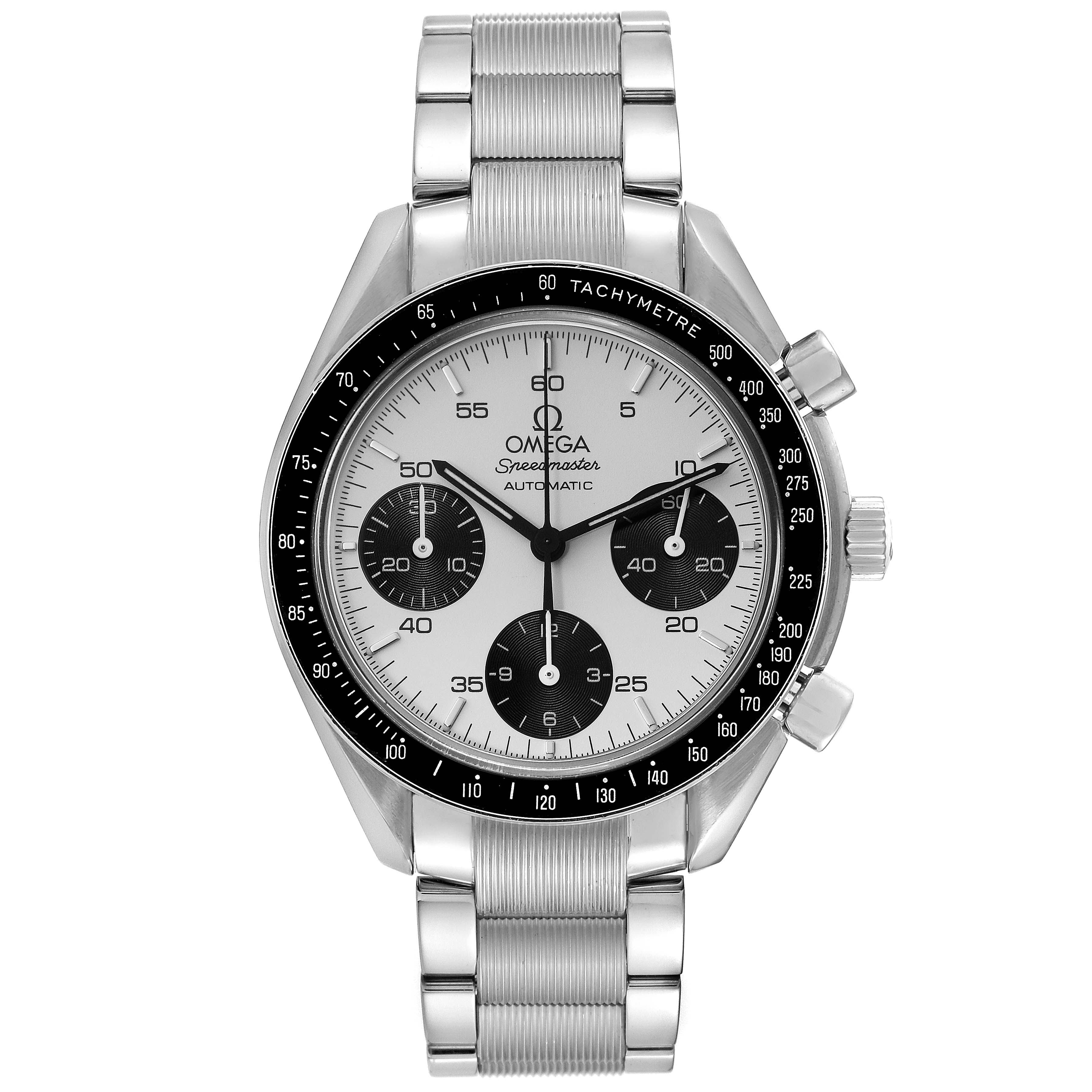 This image shows a front view of the Omega Speedmaster 3539.31.00 Men
s Stainless Steel Silver Dial 3539.31.00 Men
s Stainless Steel Silver Dial watch with a stainless steel bracelet and a tachymeter bezel.