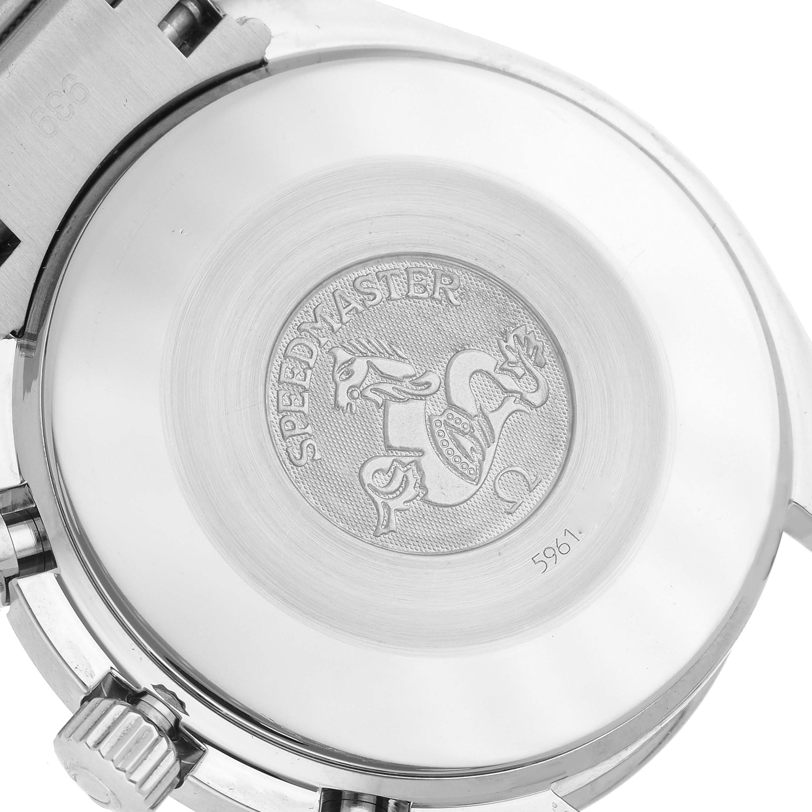 This image shows the back casing of an Omega Speedmaster 3539.31.00 Men
s Stainless Steel Silver Dial 3539.31.00 Men
s Stainless Steel Silver Dial watch, featuring the Speedmaster logo and engraving.