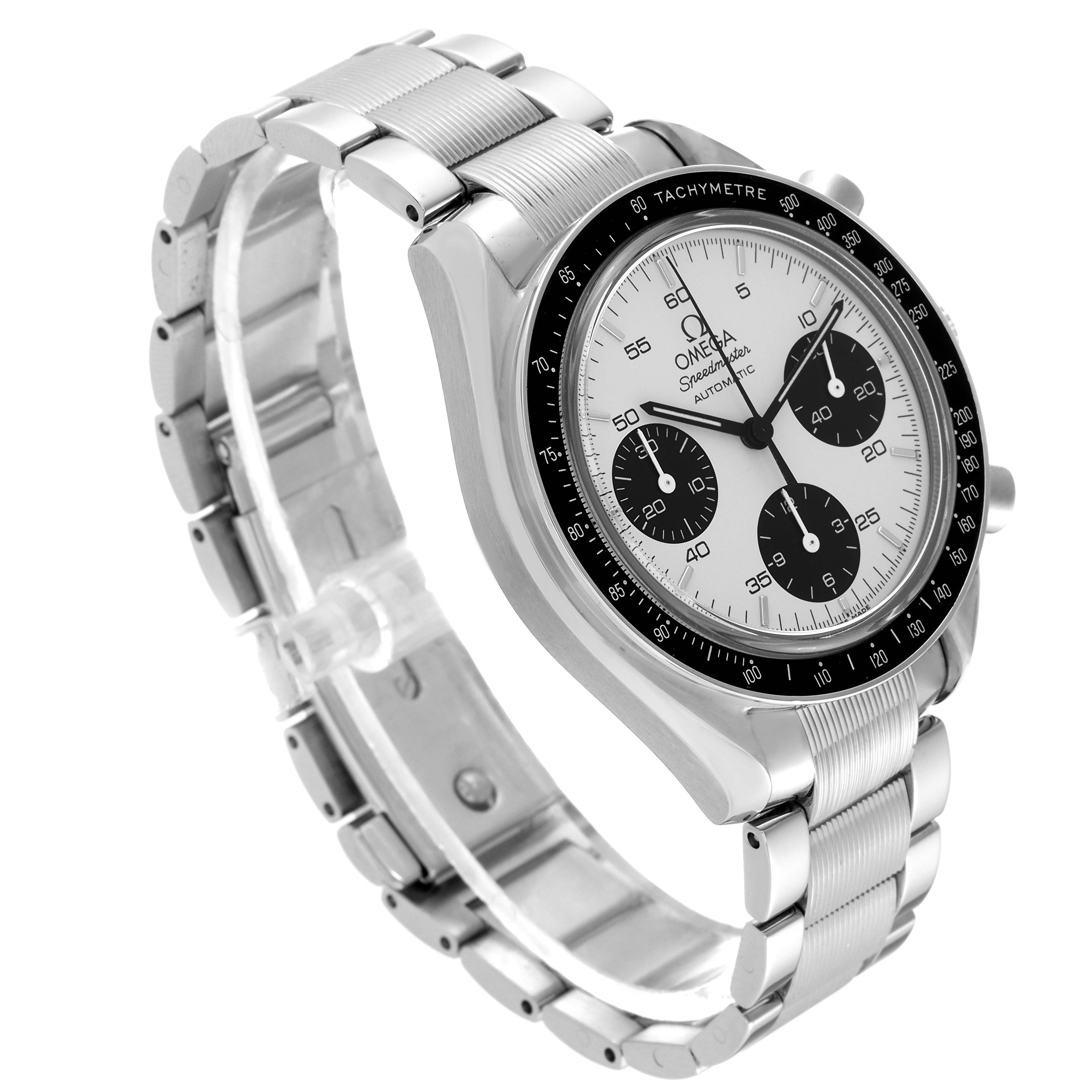 The image shows a side angle view of the Omega Speedmaster 3539.31.00 Men
s Stainless Steel Silver Dial 3539.31.00 Men
s Stainless Steel Silver Dial watch, highlighting its bracelet, case, and dial with tachymeter.