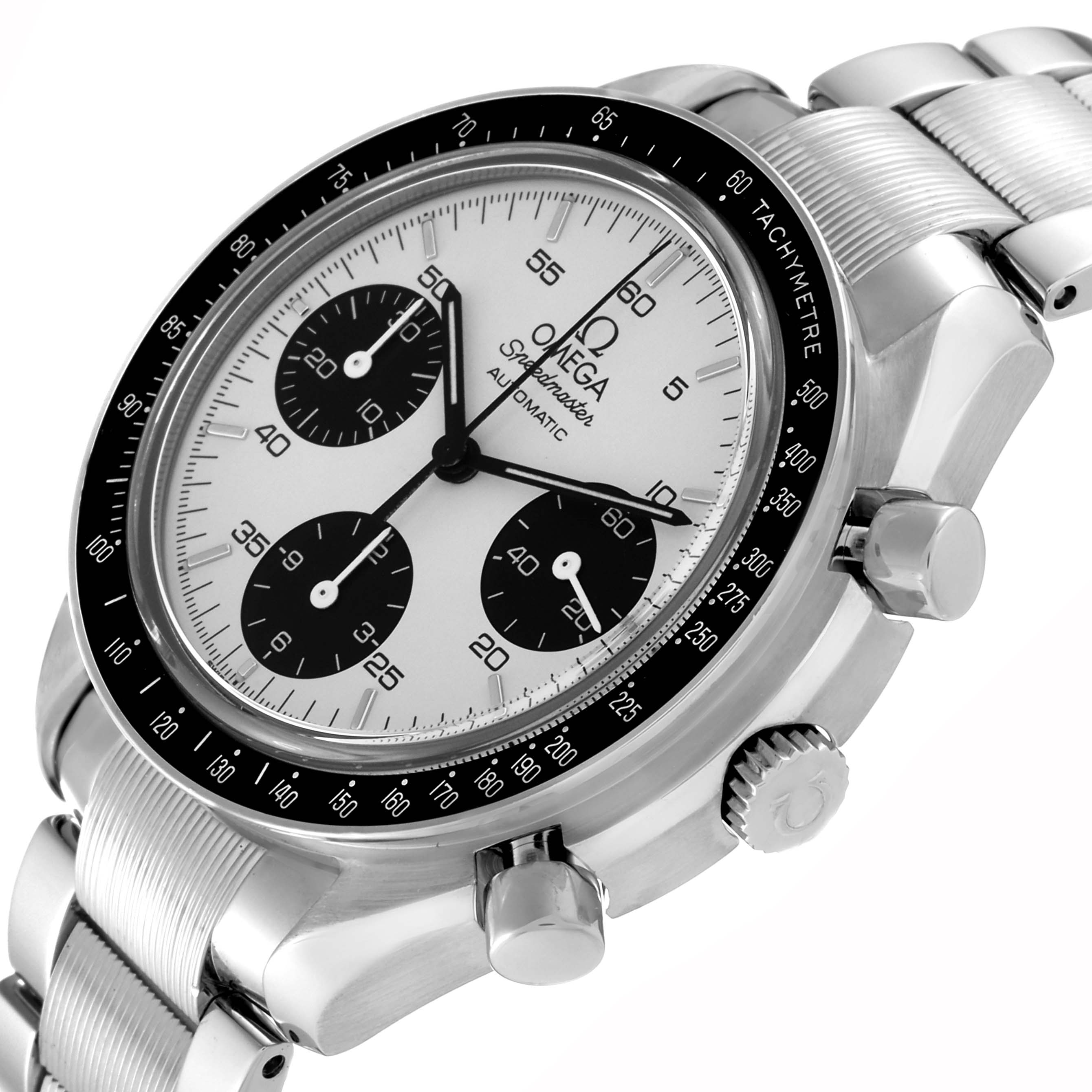 The image shows an angled view emphasizing the face, crown, pushers, and bracelet of the Omega Speedmaster 3539.31.00 Men
s Stainless Steel Silver Dial 3539.31.00 Men
s Stainless Steel Silver Dial watch.
