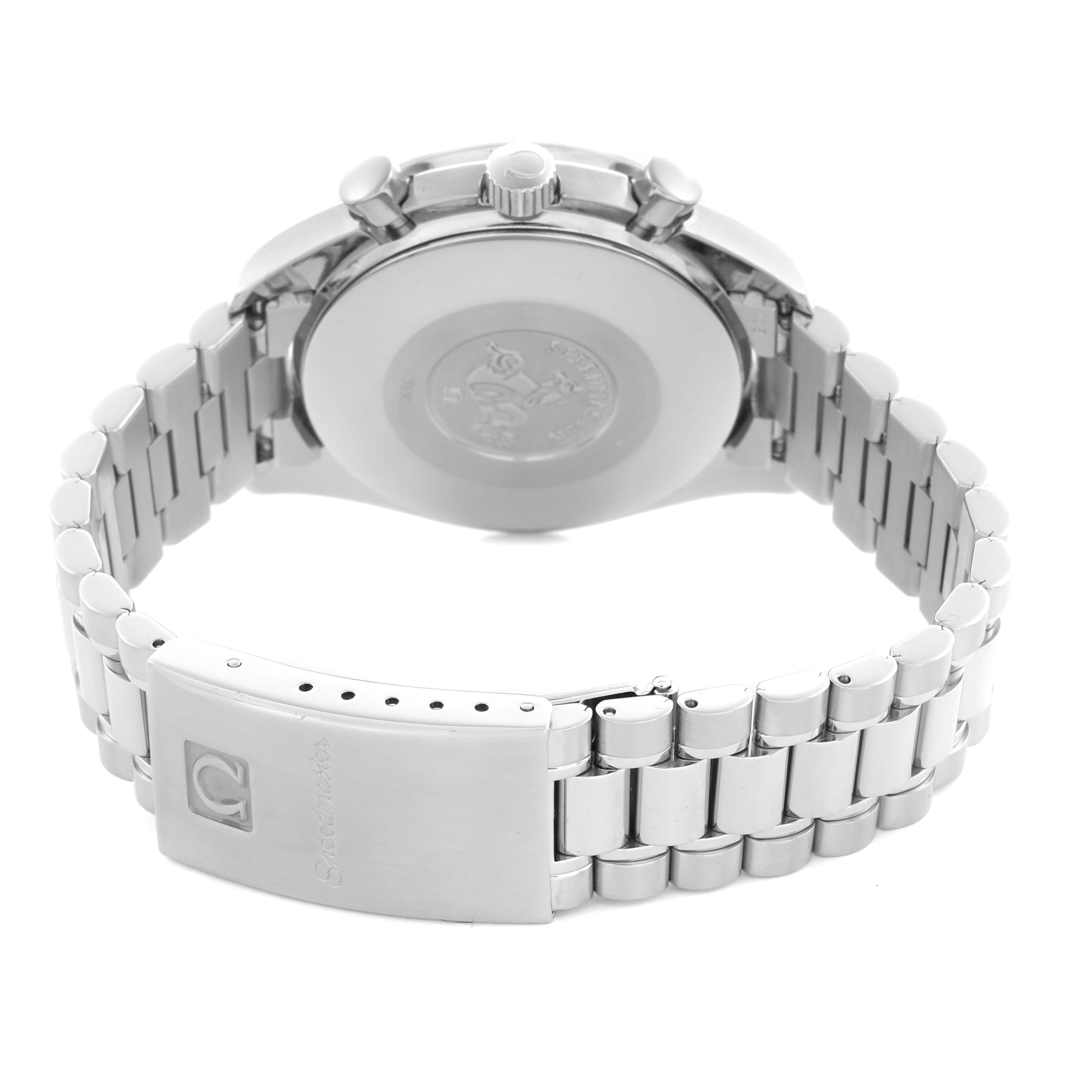 The image shows the back view of the Omega Speedmaster 3510.61.00 Men
s Stainless Steel Red Dial 3510.61.00 Men
s Stainless Steel Red Dial, highlighting the clasp, bracelet, case back, and pushers.