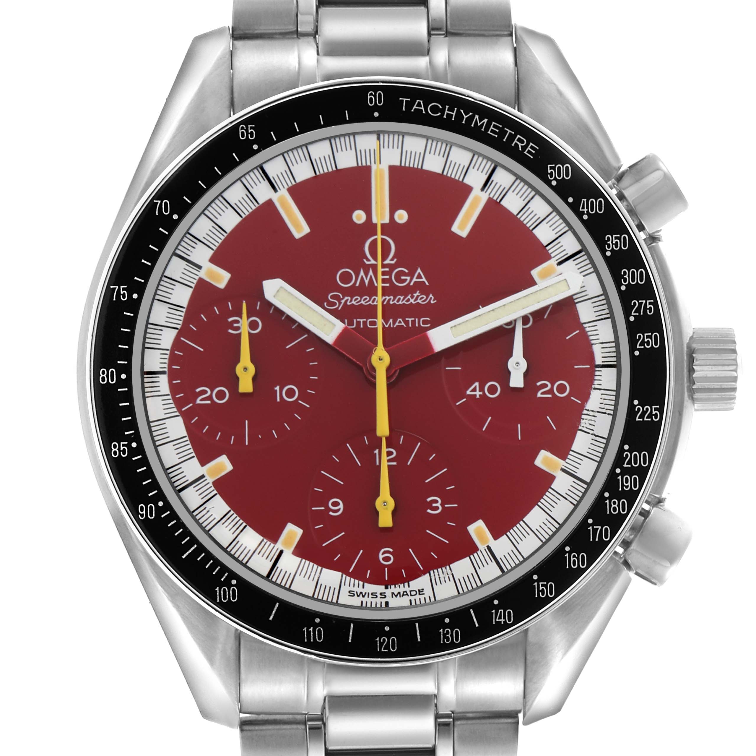 The Omega Speedmaster 3510.61.00 Men
s Stainless Steel Red Dial 3510.61.00 Men
s Stainless Steel Red Dial watch is shown from a front angle, highlighting its red dial, chronograph subdials, and tachymeter bezel.