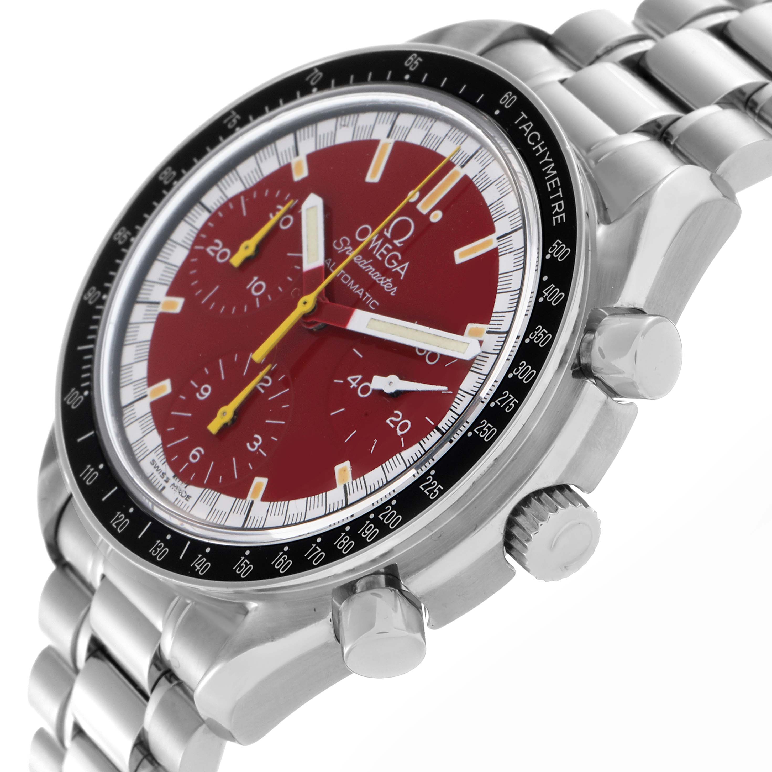 The Omega Speedmaster 3510.61.00 Men
s Stainless Steel Red Dial 3510.61.00 Men
s Stainless Steel Red Dial watch is shown at an angled side view, highlighting its dial, tachymeter bezel, and stainless steel bracelet.