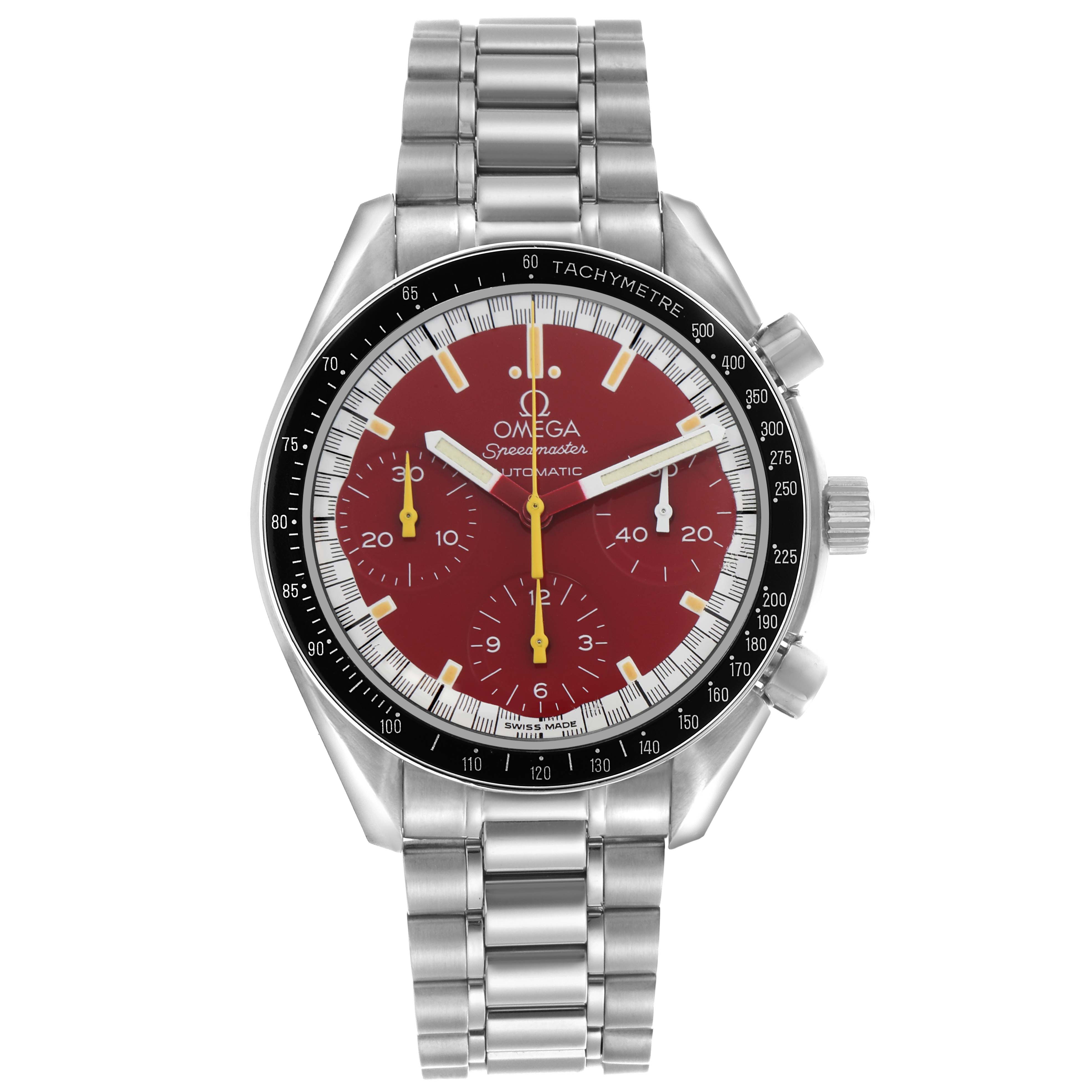 The Omega Speedmaster 3510.61.00 Men
s Stainless Steel Red Dial 3510.61.00 Men
s Stainless Steel Red Dial watch is shown from the front, displaying the bezel, dial, subdials, hands, and bracelet.