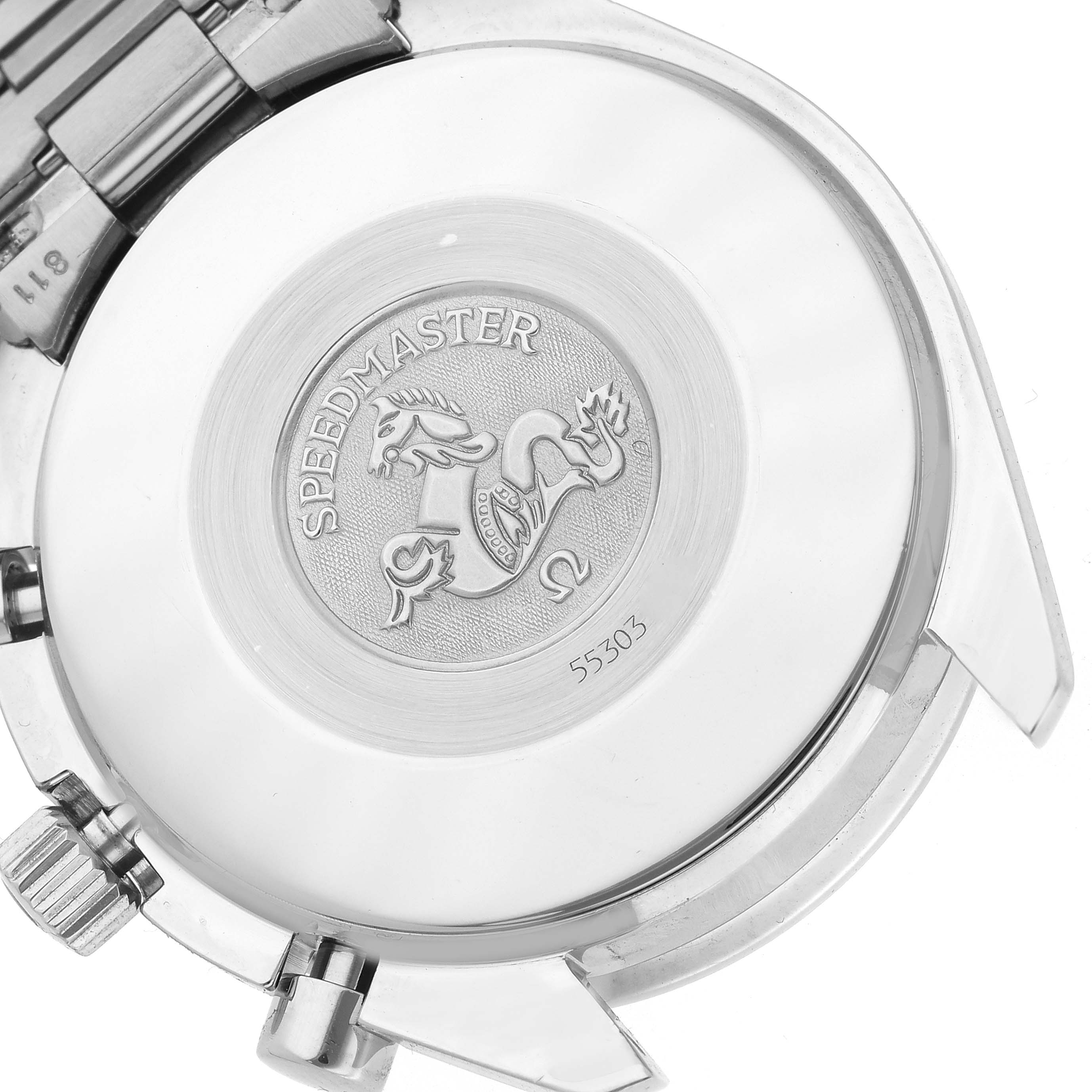 The image shows the back case of an Omega Speedmaster 3510.61.00 Men
s Stainless Steel Red Dial 3510.61.00 Men
s Stainless Steel Red Dial watch, featuring the logo and model details.