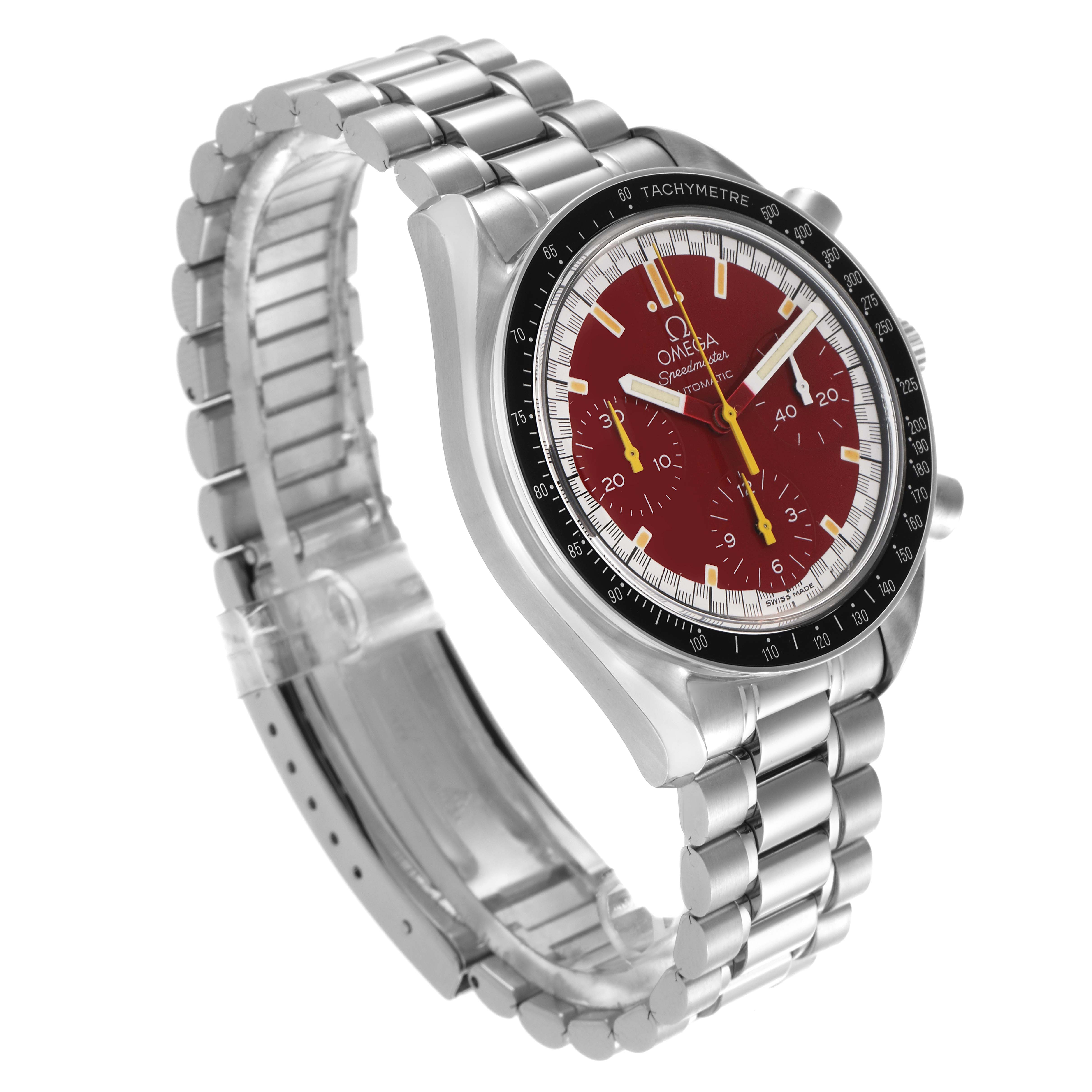 The Omega Speedmaster 3510.61.00 Men
s Stainless Steel Red Dial 3510.61.00 Men
s Stainless Steel Red Dial watch is shown at a three-quarter angle, displaying the face, bezel, lugs, and bracelet.