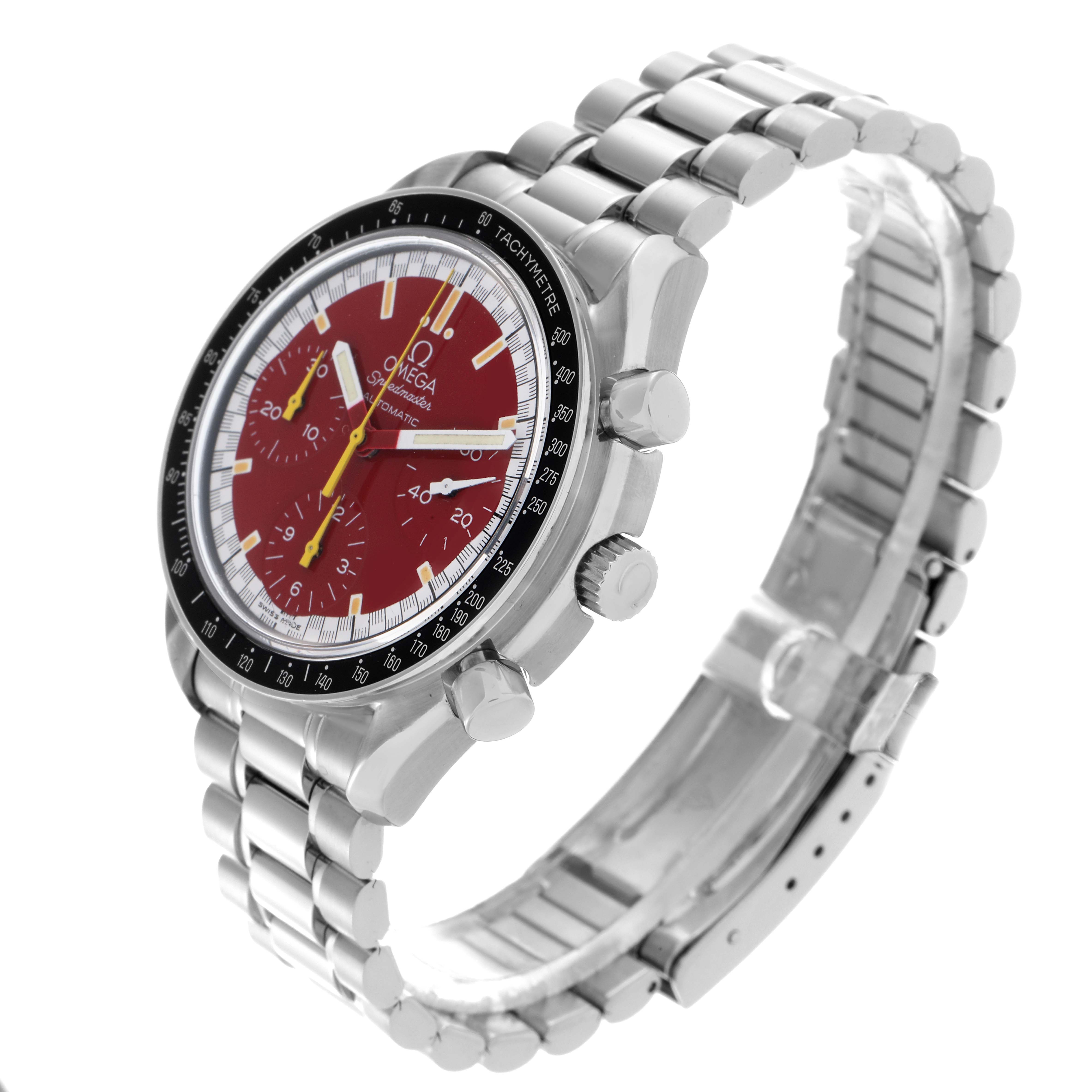 The Omega Speedmaster 3510.61.00 Men
s Stainless Steel Red Dial 3510.61.00 Men
s Stainless Steel Red Dial watch is shown at an angled side view, displaying the face, case, bezel, bracelet, and crown.