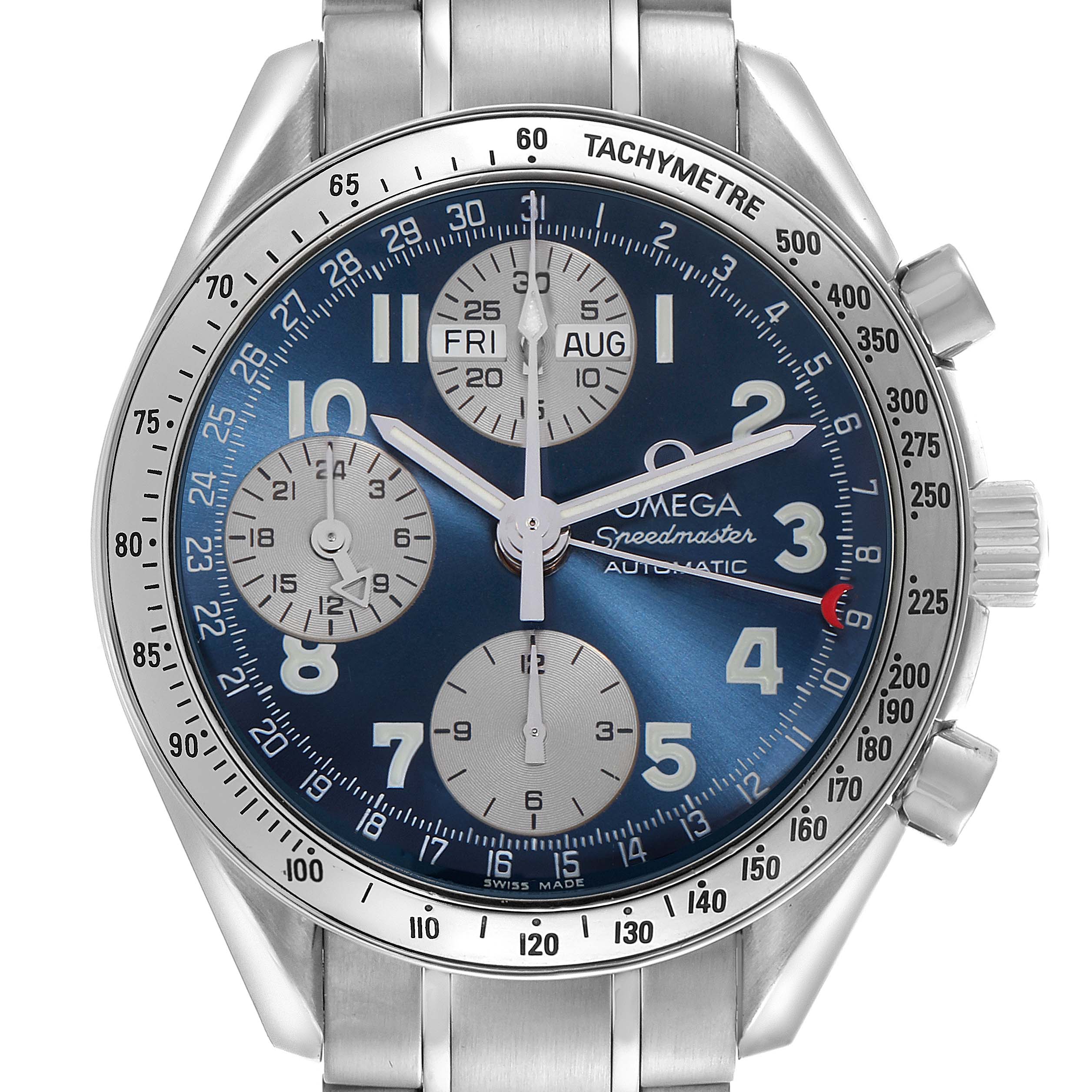 The Omega Speedmaster 3523.81 Men
s Stainless Steel Blue Dial 3523.81 Men
s Stainless Steel Blue Dial is shown from the front, featuring a blue dial, tachymeter bezel, and three subdials.