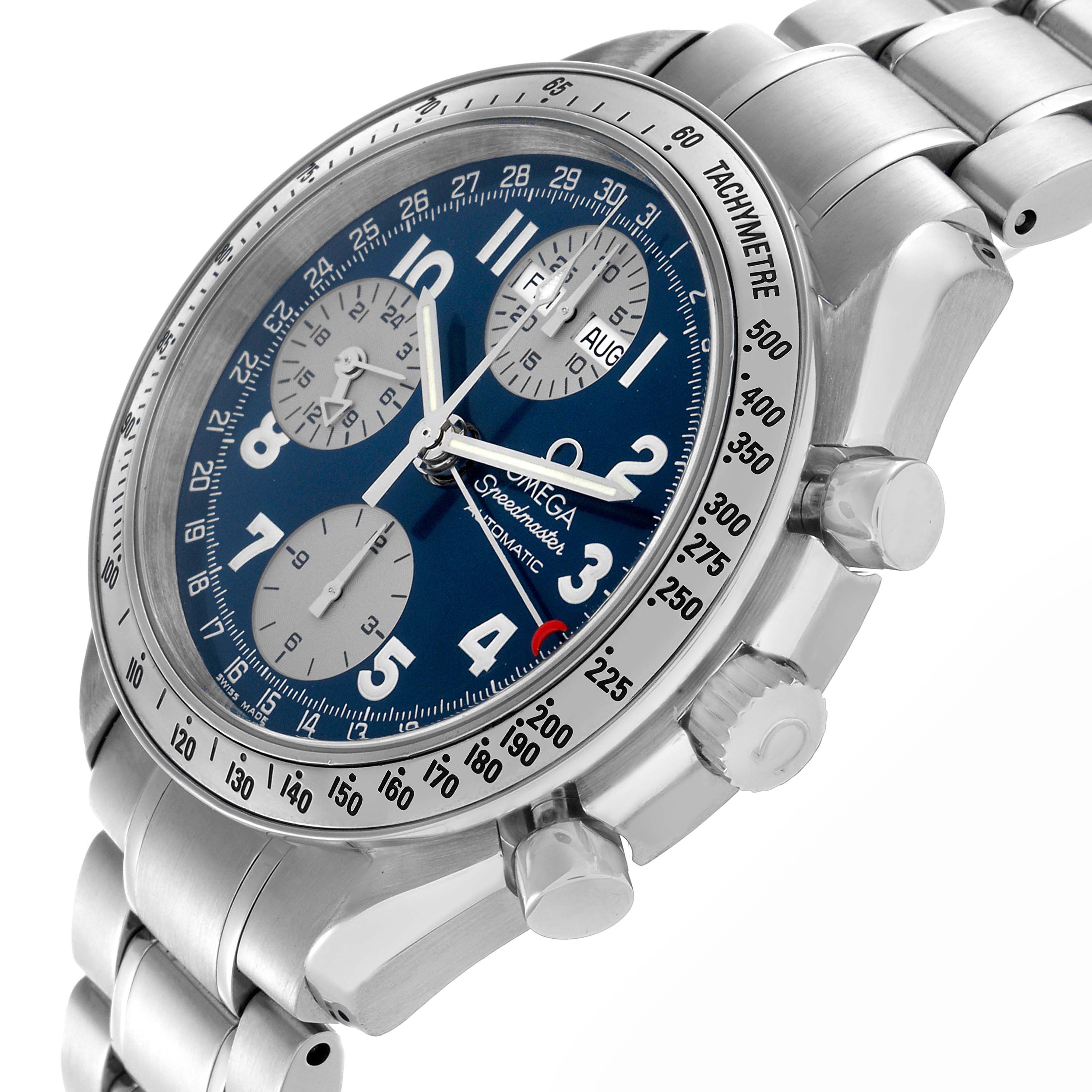 The Omega Speedmaster 3523.81 Men
s Stainless Steel Blue Dial 3523.81 Men
s Stainless Steel Blue Dial model is shown at a three-quarter angle, displaying the dial, bezel, crown, and pushers.