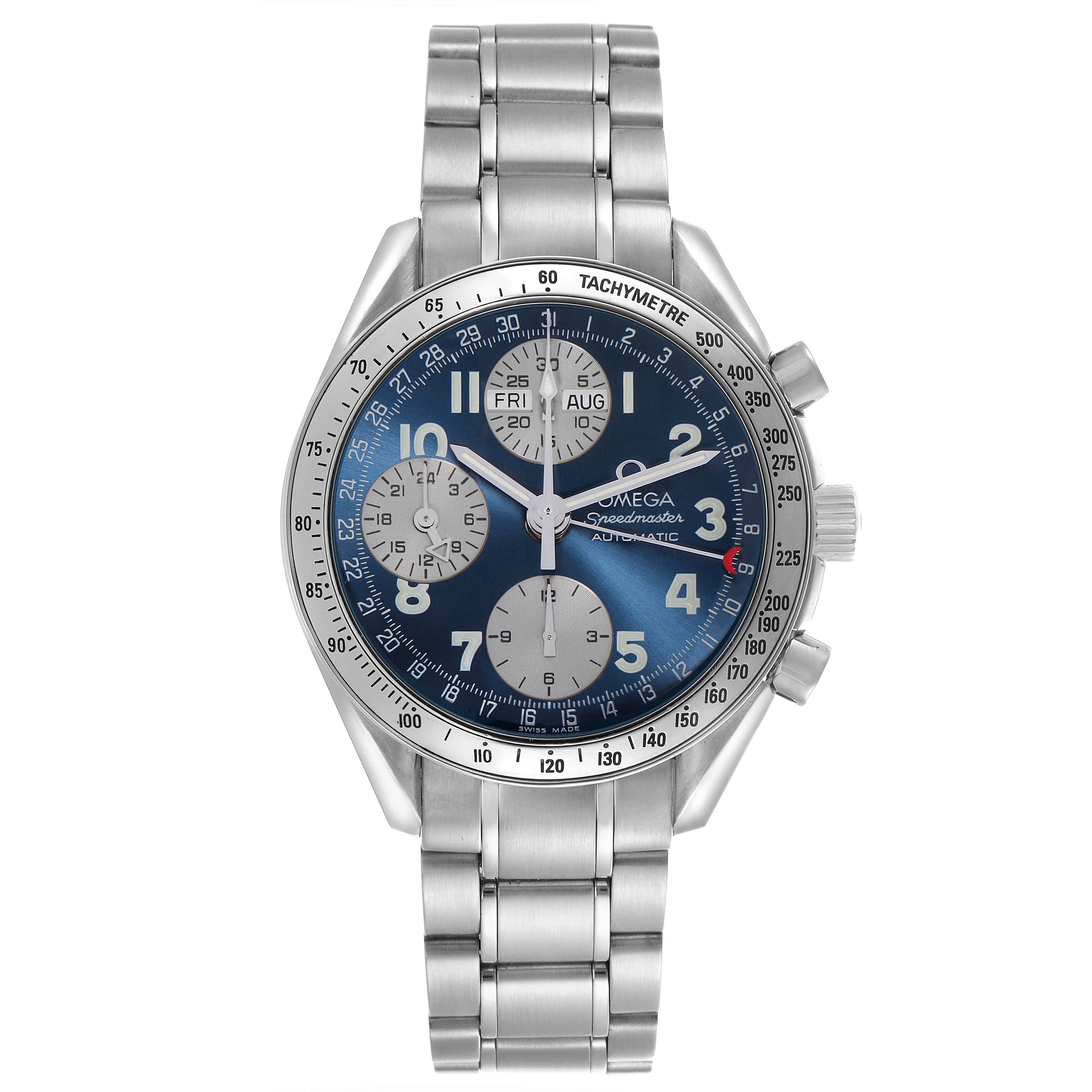 The Omega Speedmaster 3523.81 Men
s Stainless Steel Blue Dial 3523.81 Men
s Stainless Steel Blue Dial watch is shown from a front angle, displaying its face, bezel, and metal bracelet.