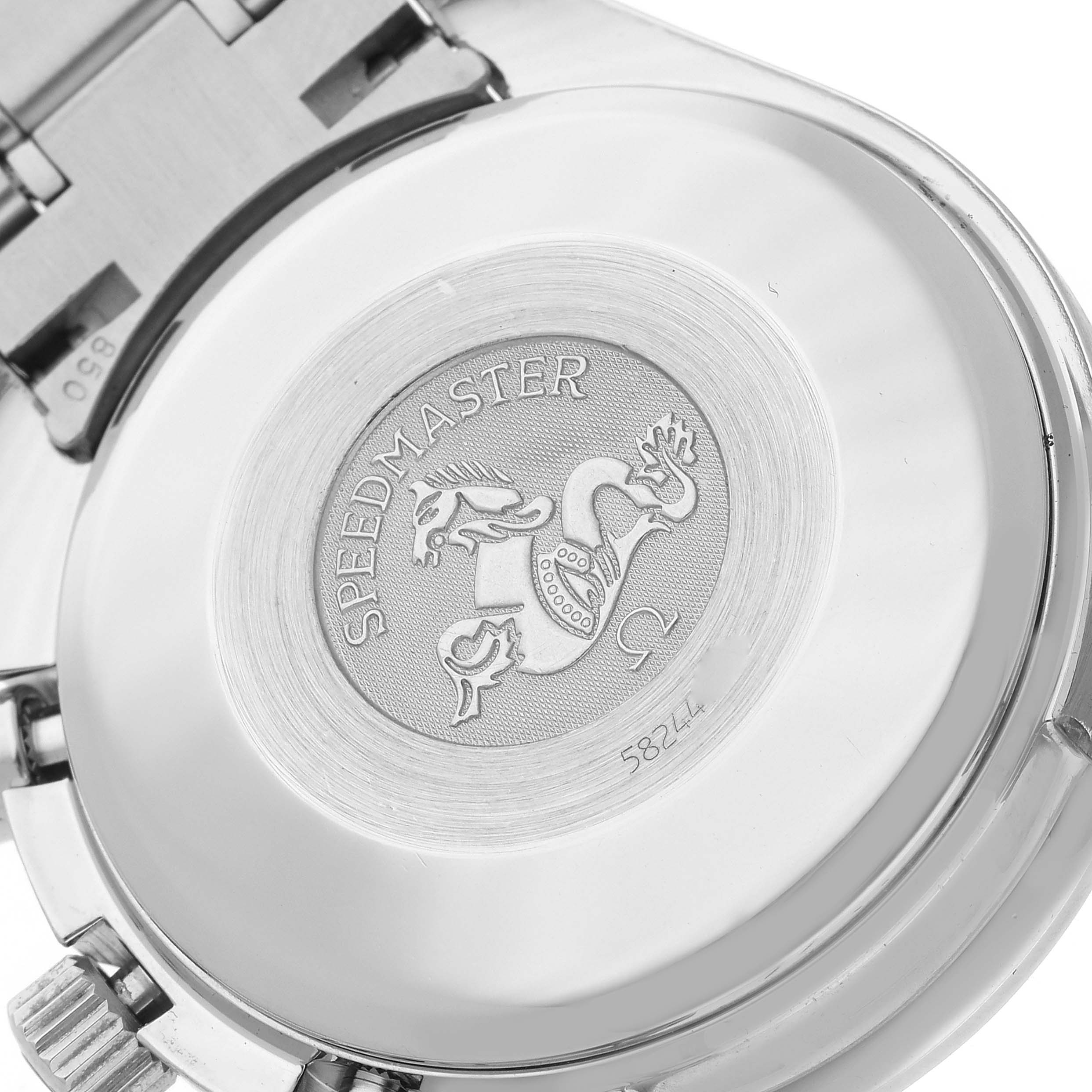 The image shows the back case of the Omega Speedmaster 3523.81 Men
s Stainless Steel Blue Dial 3523.81 Men
s Stainless Steel Blue Dial watch, featuring its engraved logo and branding details.