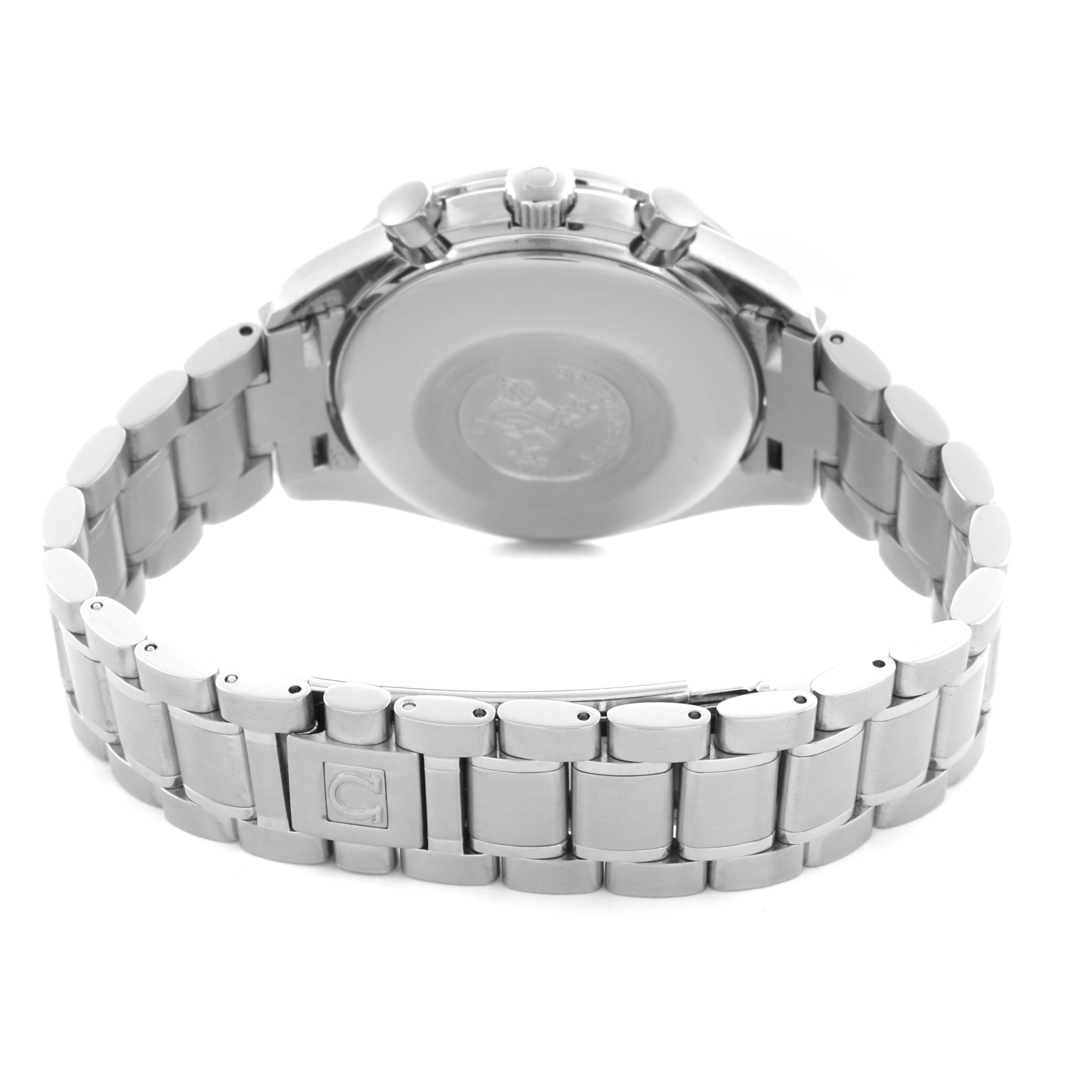 The image shows the back case and stainless steel bracelet of an Omega Speedmaster 3523.81 Men
s Stainless Steel Blue Dial 3523.81 Men
s Stainless Steel Blue Dial watch.