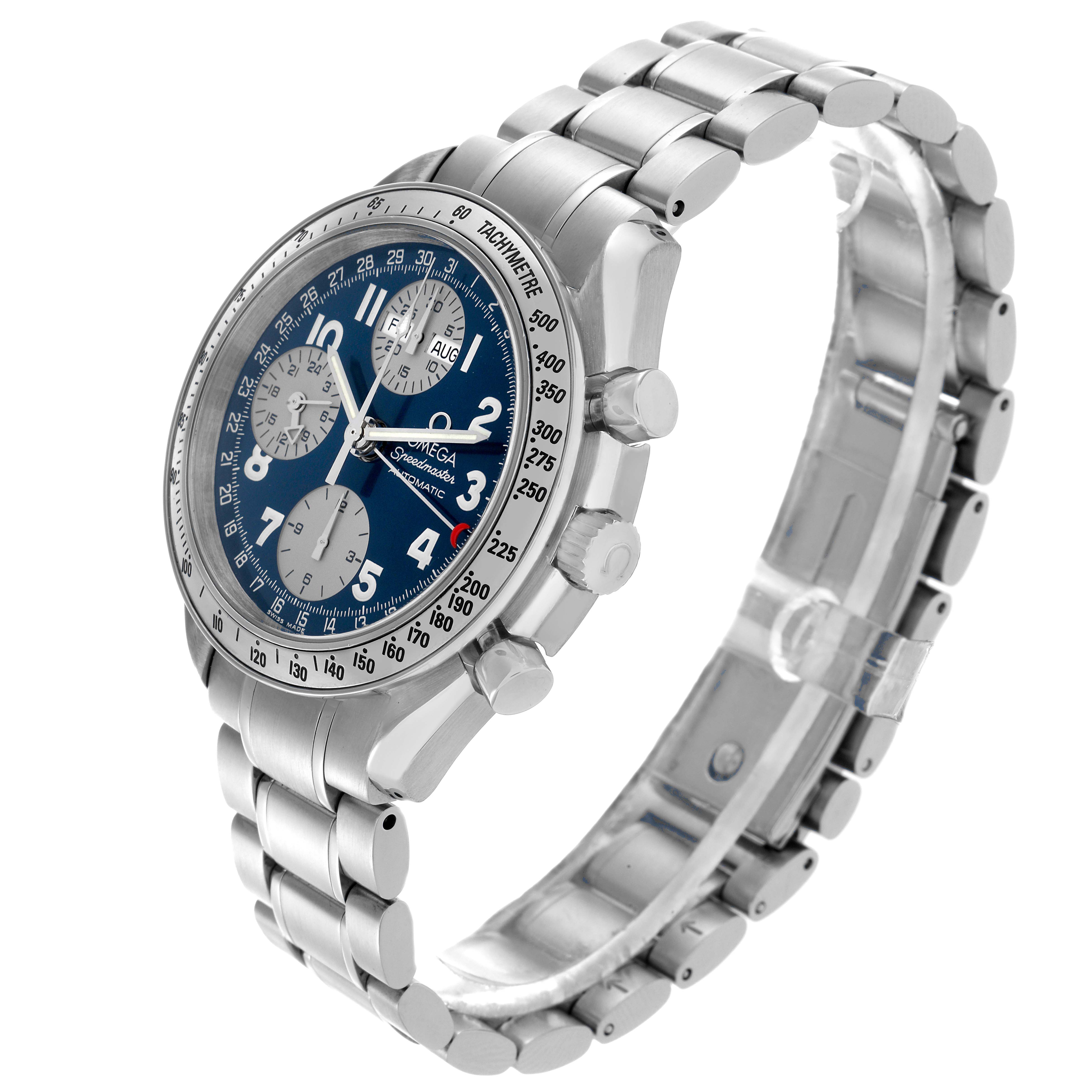 The Omega Speedmaster 3523.81 Men
s Stainless Steel Blue Dial 3523.81 Men
s Stainless Steel Blue Dial watch is shown at a tilted angle, displaying the face, bracelet, and side pushers.