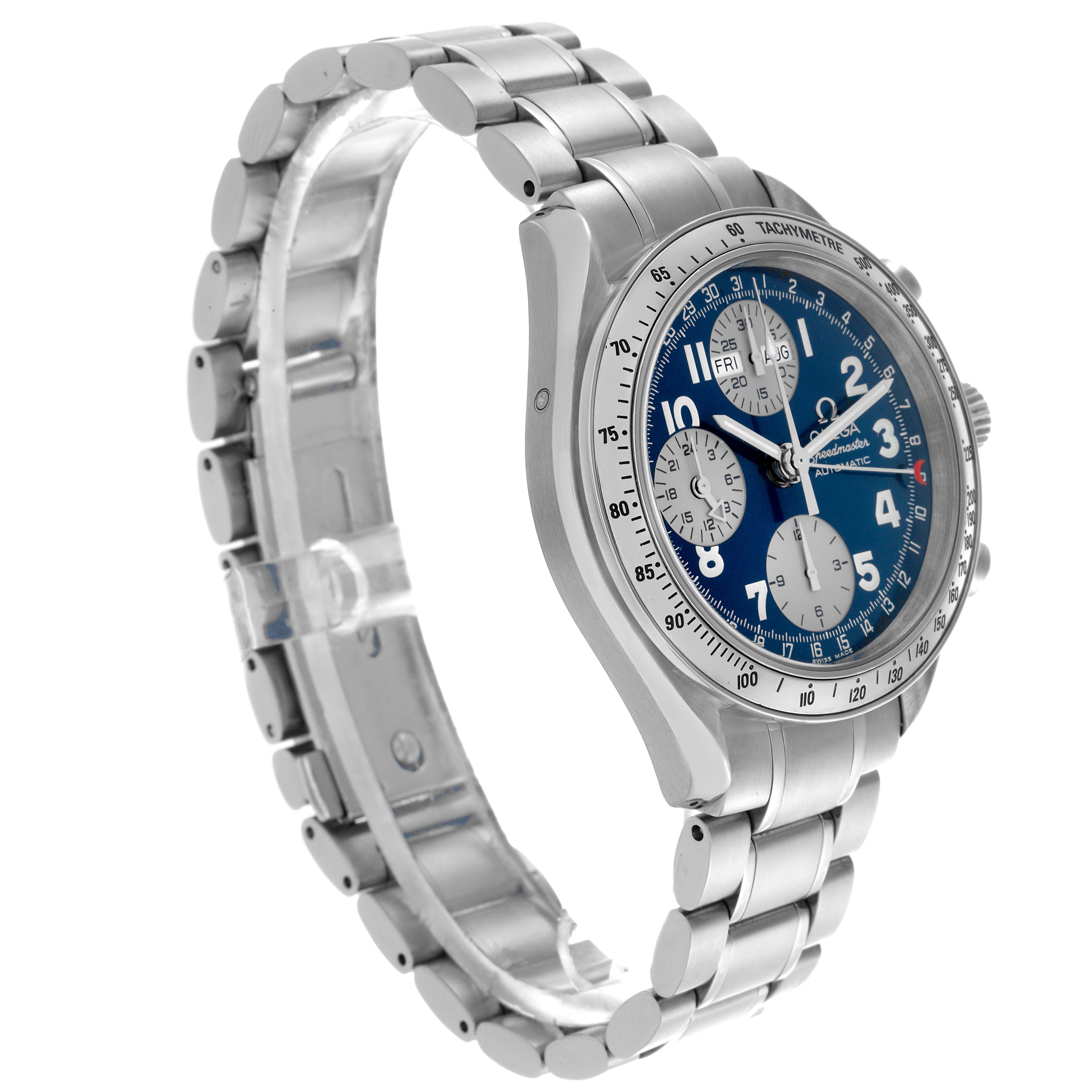 The Omega Speedmaster 3523.81 Men
s Stainless Steel Blue Dial 3523.81 Men
s Stainless Steel Blue Dial watch is shown from a side angle, highlighting the dial, bezel, and metal bracelet.