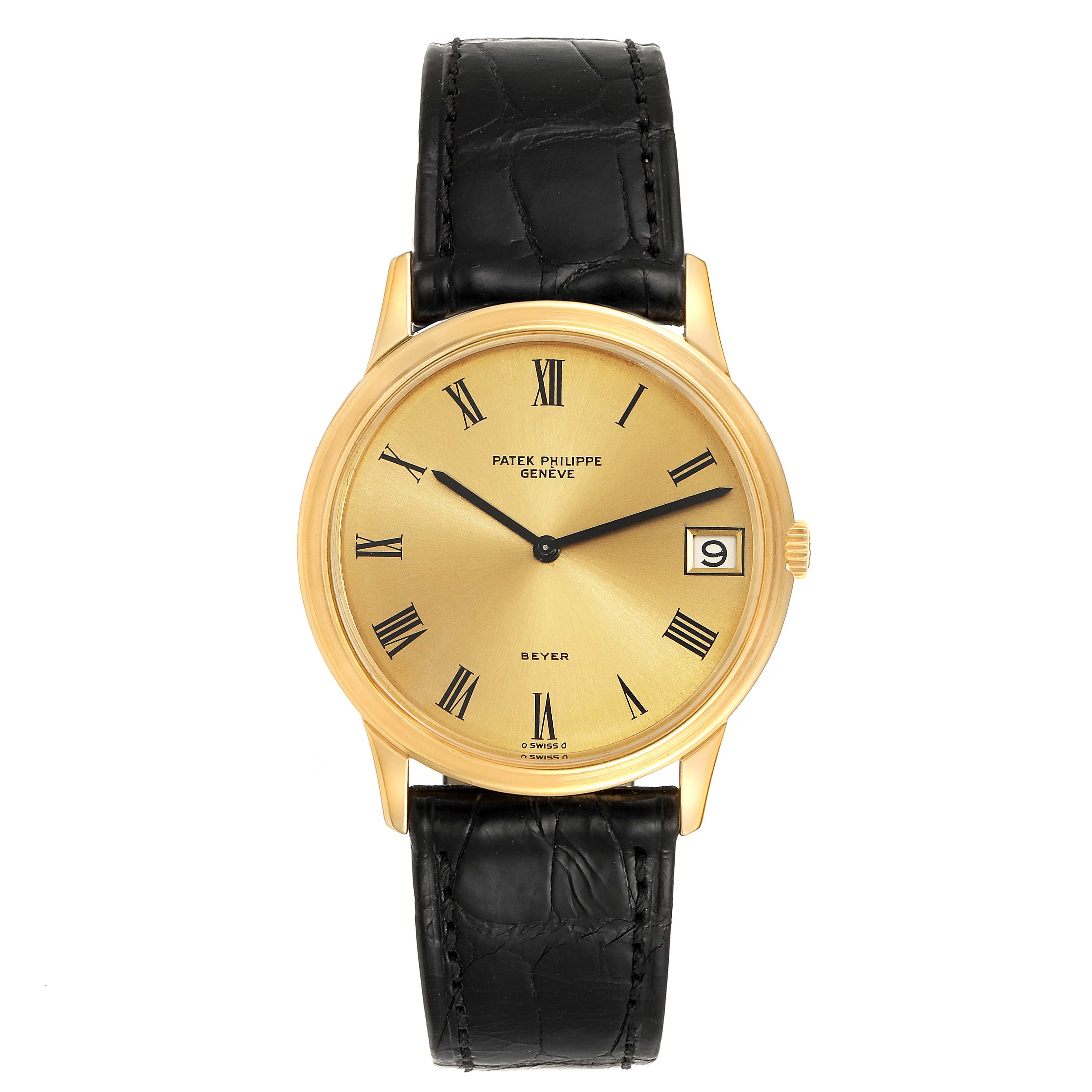 This image shows a Patek Philippe Vintage model watch from a front angle, featuring a gold face, Roman numerals, and a black leather strap.