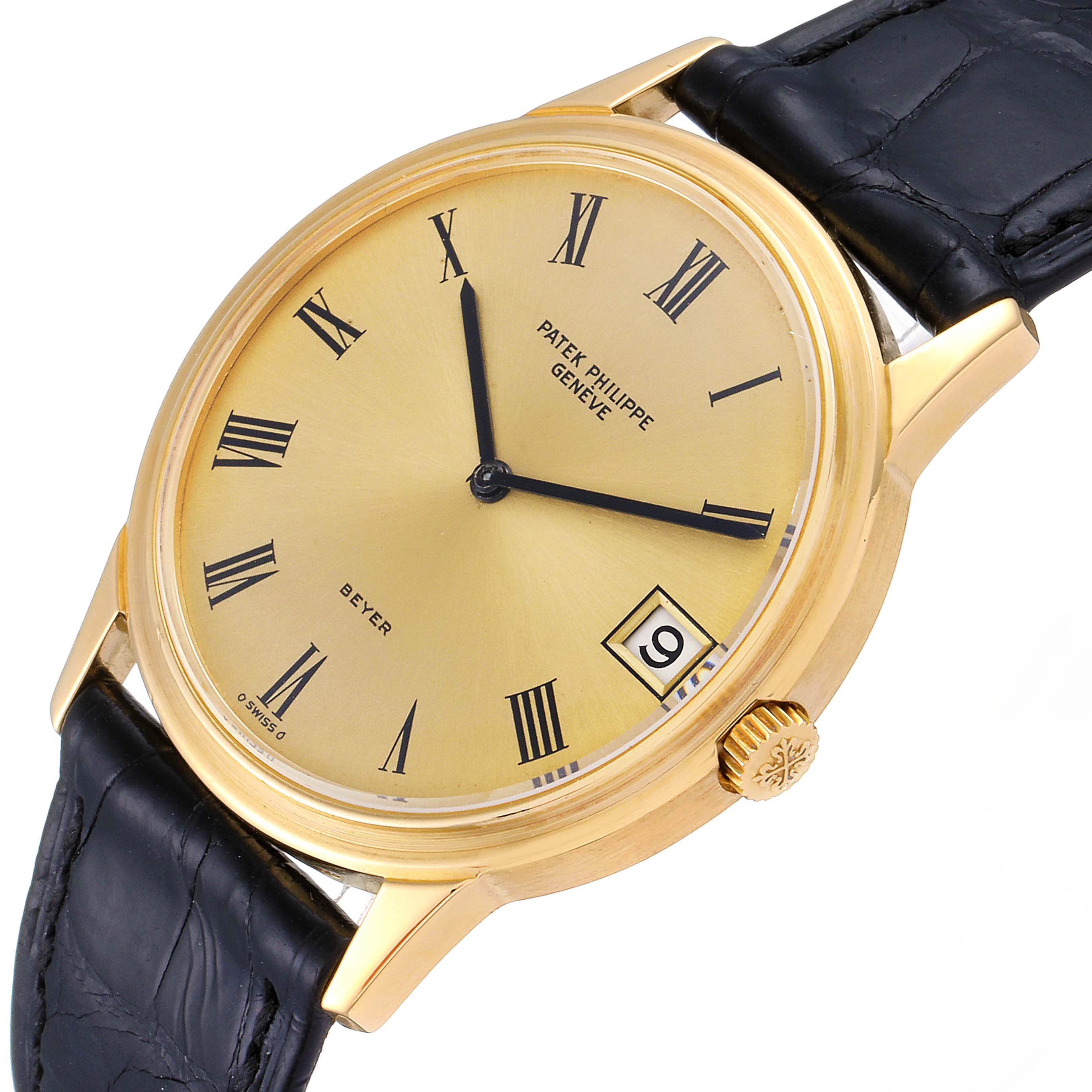 The image shows a side-angle view of the Vintage Patek Philippe watch, displaying the gold case, black leather strap, Roman numerals, and date window.