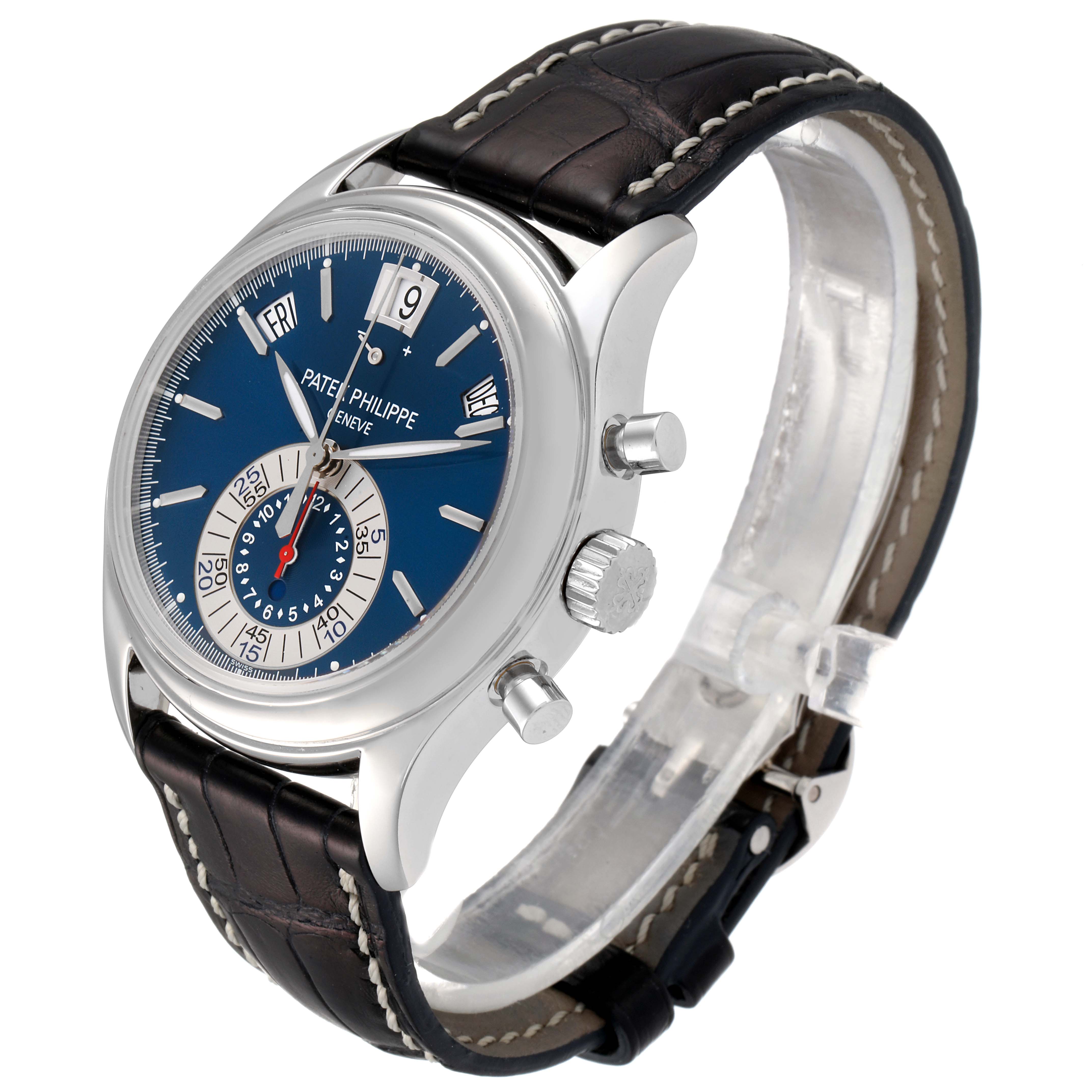 This Patek Philippe Complications 5960/01G Men's White Gold Blue Dial 5960/01G Men's White Gold Blue Dial watch is shown at a three-quarter angle, highlighting the face, crown, pushers, and leather strap.