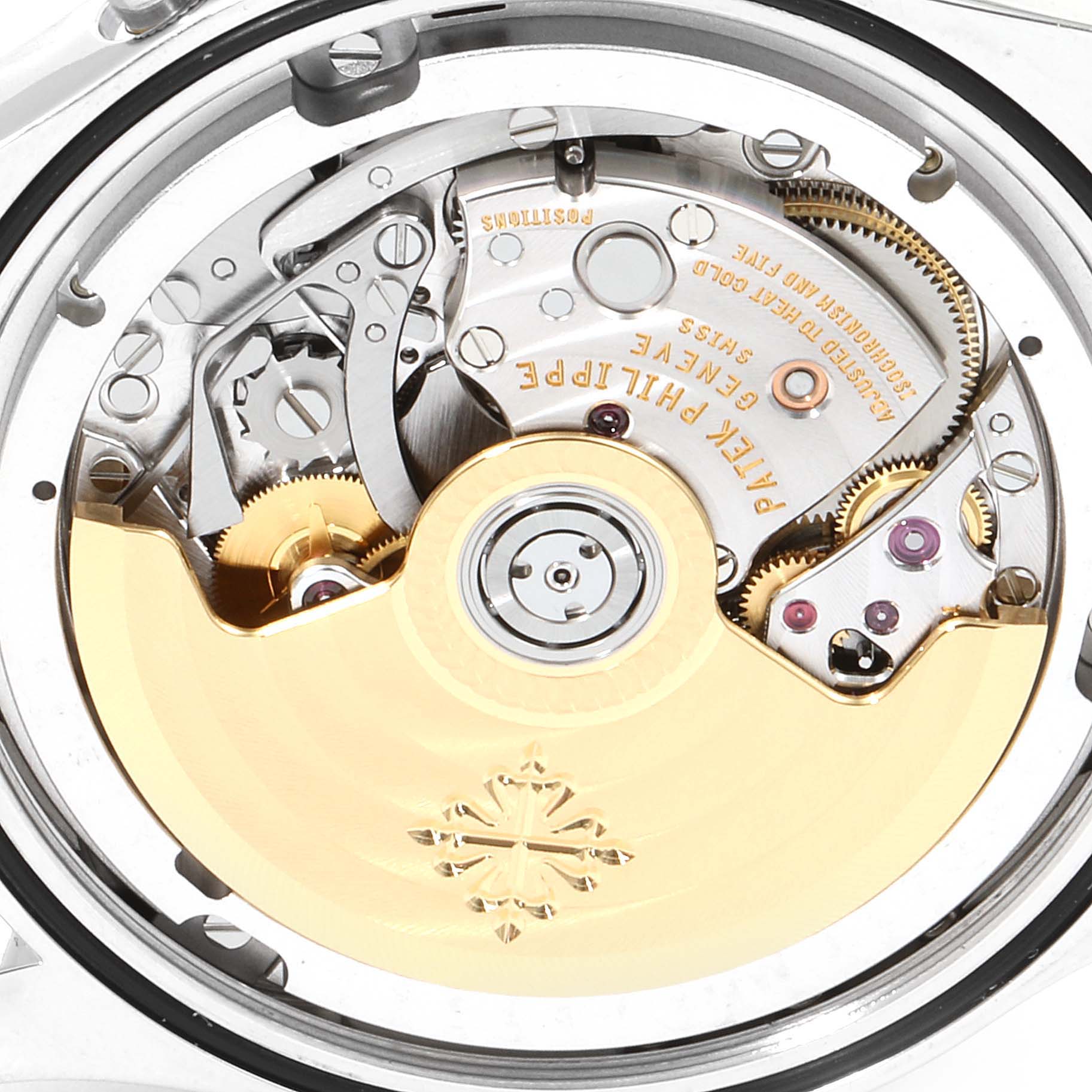 This image shows the intricate back view of the movement mechanisms inside a Patek Philippe Complications 5960/01G Men's White Gold Blue Dial 5960/01G Men's White Gold Blue Dial watch.